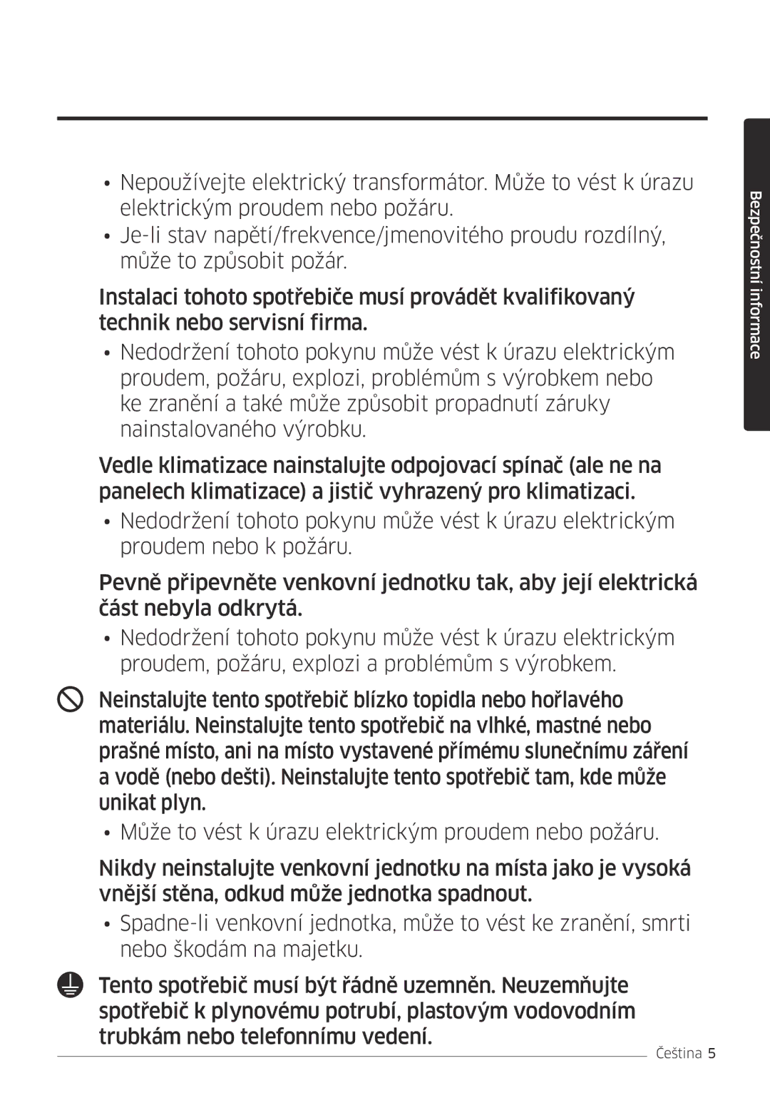 Samsung AR24MSPDBWKNEU, AR18MSPDBWKNEU manual Bezpečnostní informace 