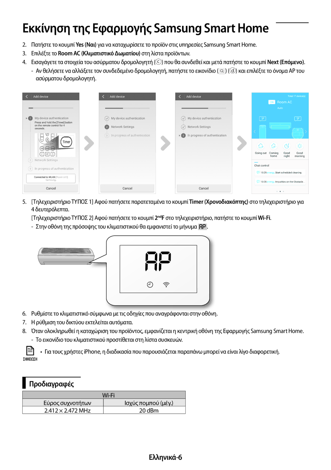 Samsung AR24MSPDBWKNEU, AR18MSPDBWKNEU manual Προδιαγραφές, Ελληνικά-6, Wi-Fi, Εύρος συχνοτήτων, 412 × 2.472 MHz 