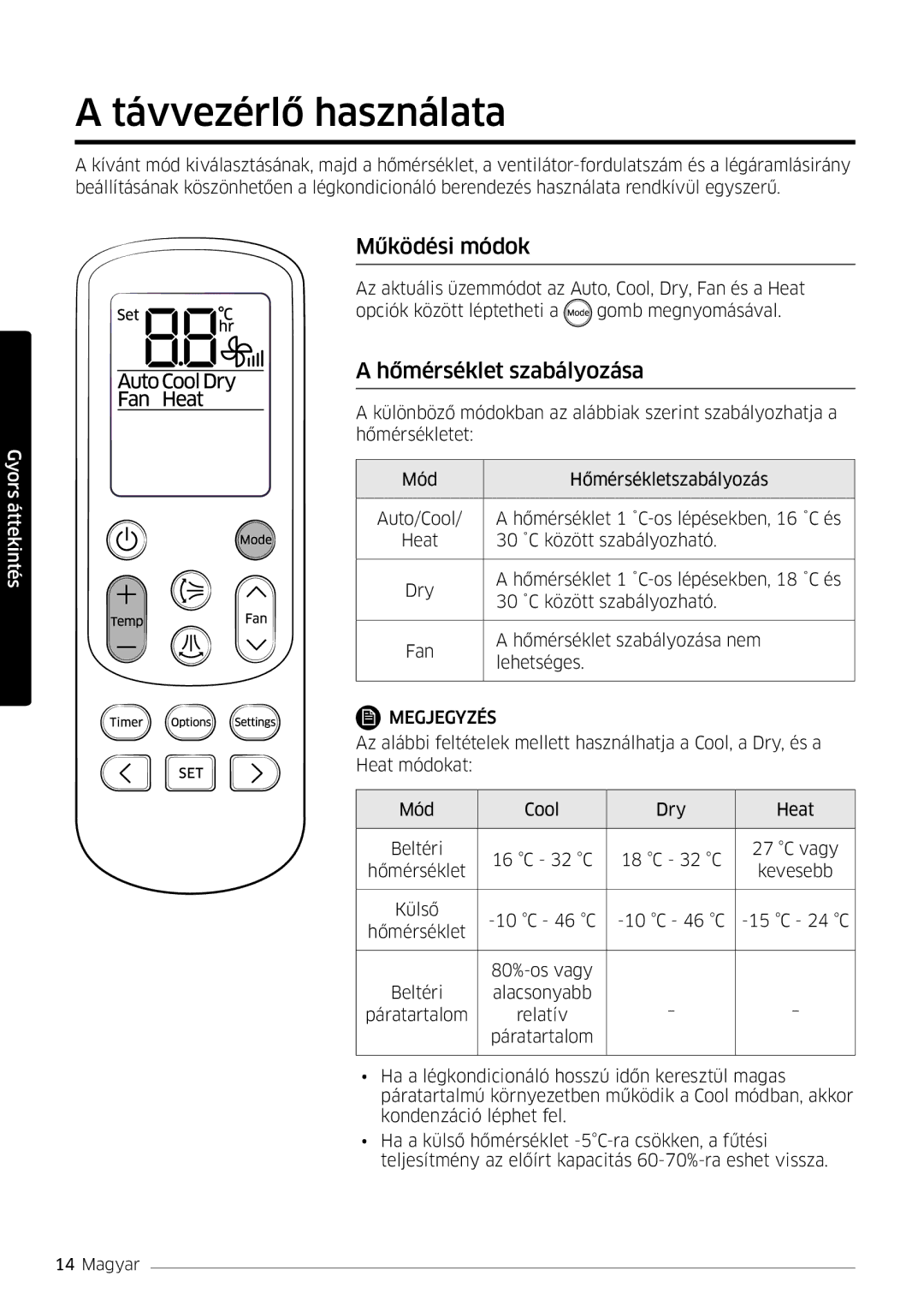 Samsung AR18MSPDBWKNEU, AR24MSPDBWKNEU manual Távvezérlő használata, Működési módok, Hőmérséklet szabályozása 