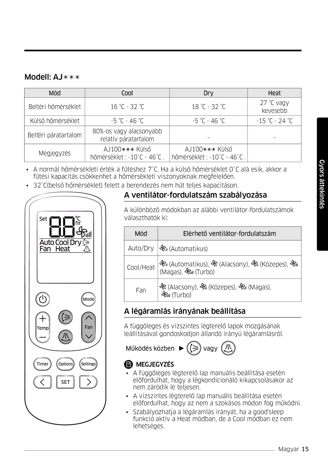 Samsung AR24MSPDBWKNEU, AR18MSPDBWKNEU Modell AJ, Ventilátor-fordulatszám szabályozása, Légáramlás irányának beállítása 