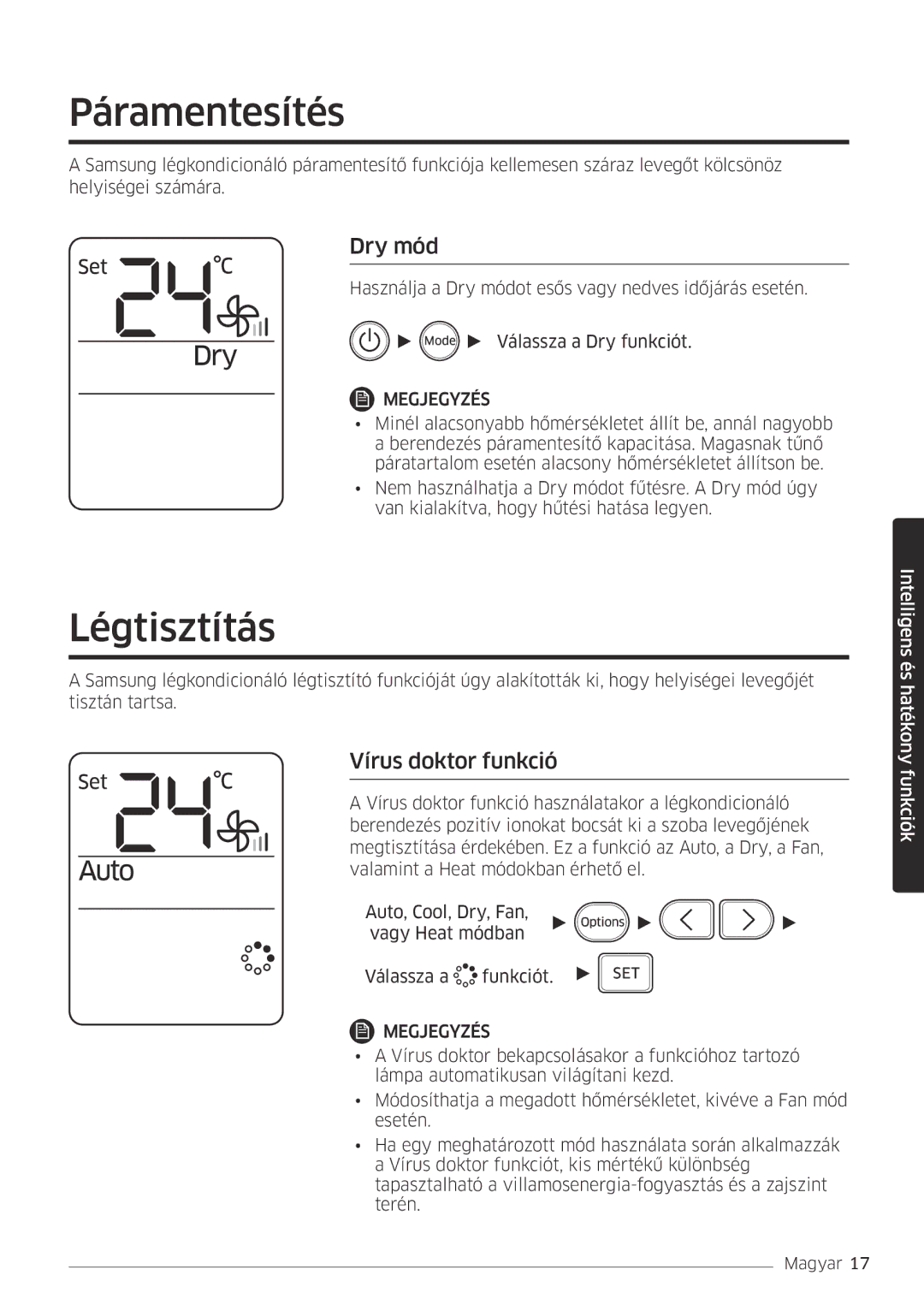 Samsung AR24MSPDBWKNEU, AR18MSPDBWKNEU manual Páramentesítés, Légtisztítás, Dry mód, Vírus doktor funkció 