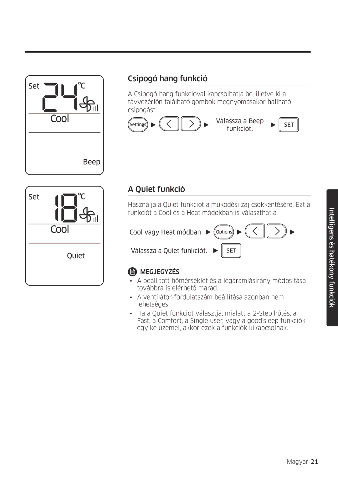 Samsung AR24MSPDBWKNEU, AR18MSPDBWKNEU manual Csipogó hang funkció, Quiet funkció 