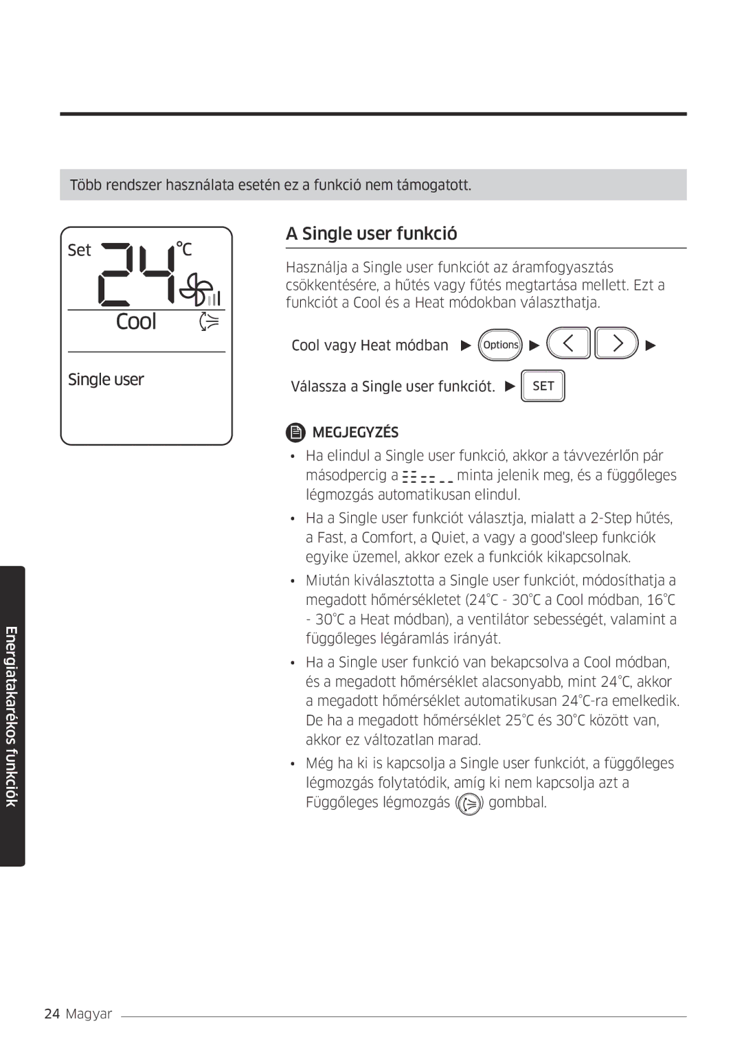 Samsung AR18MSPDBWKNEU, AR24MSPDBWKNEU manual Single user funkció 