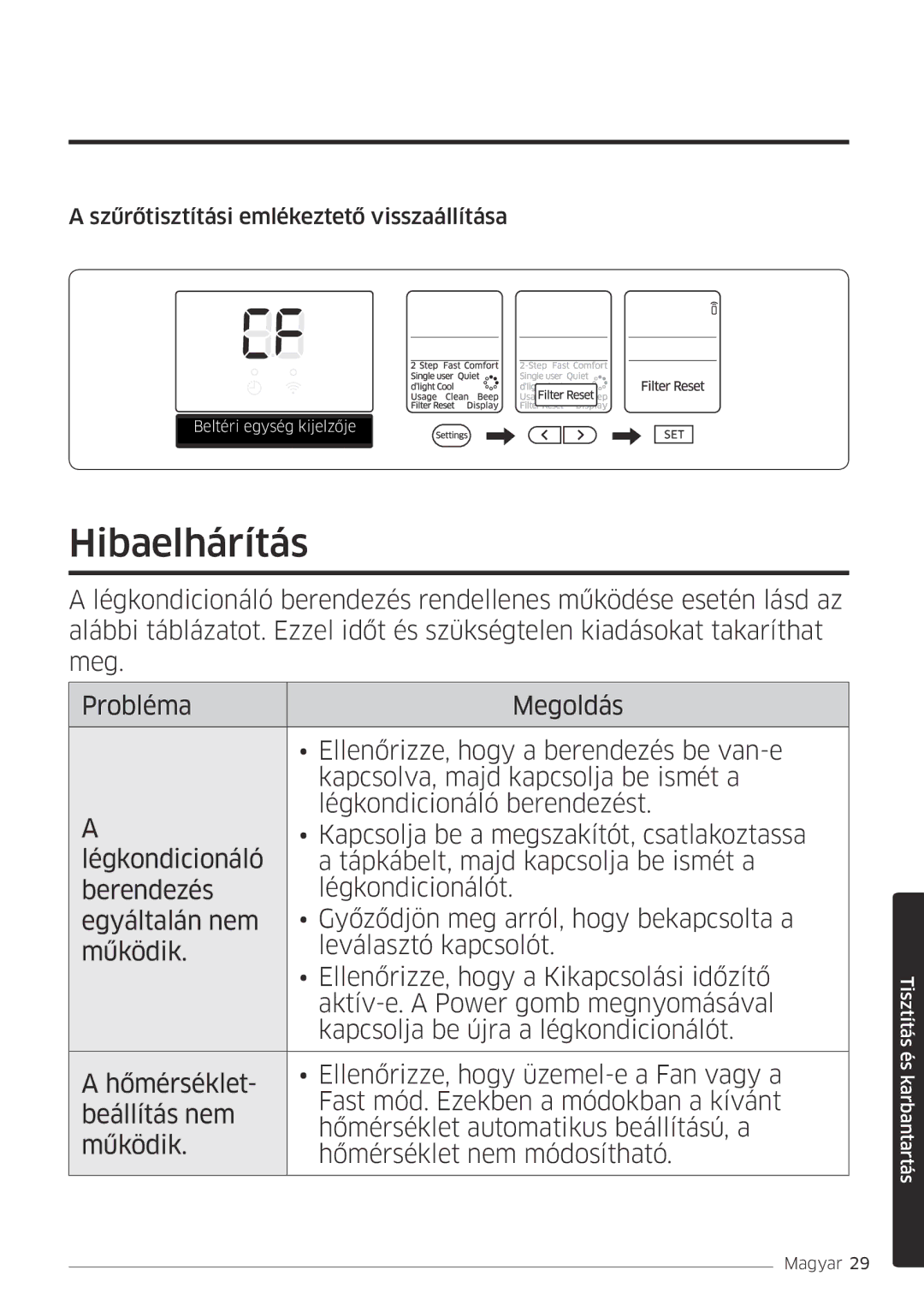 Samsung AR24MSPDBWKNEU, AR18MSPDBWKNEU manual Hibaelhárítás, Szűrőtisztítási emlékeztető visszaállítása 