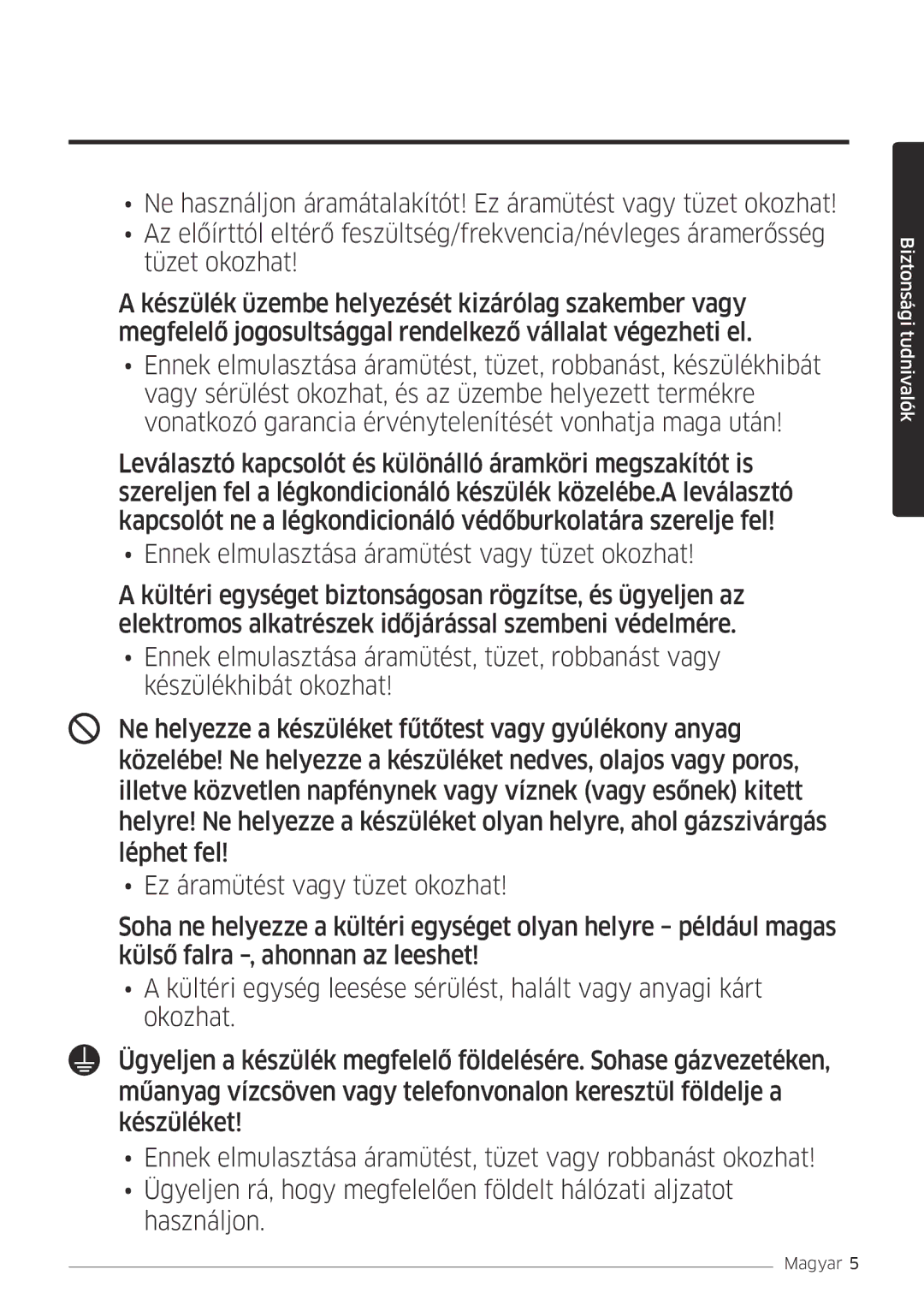 Samsung AR24MSPDBWKNEU, AR18MSPDBWKNEU manual Biztonsági tudnivalók 