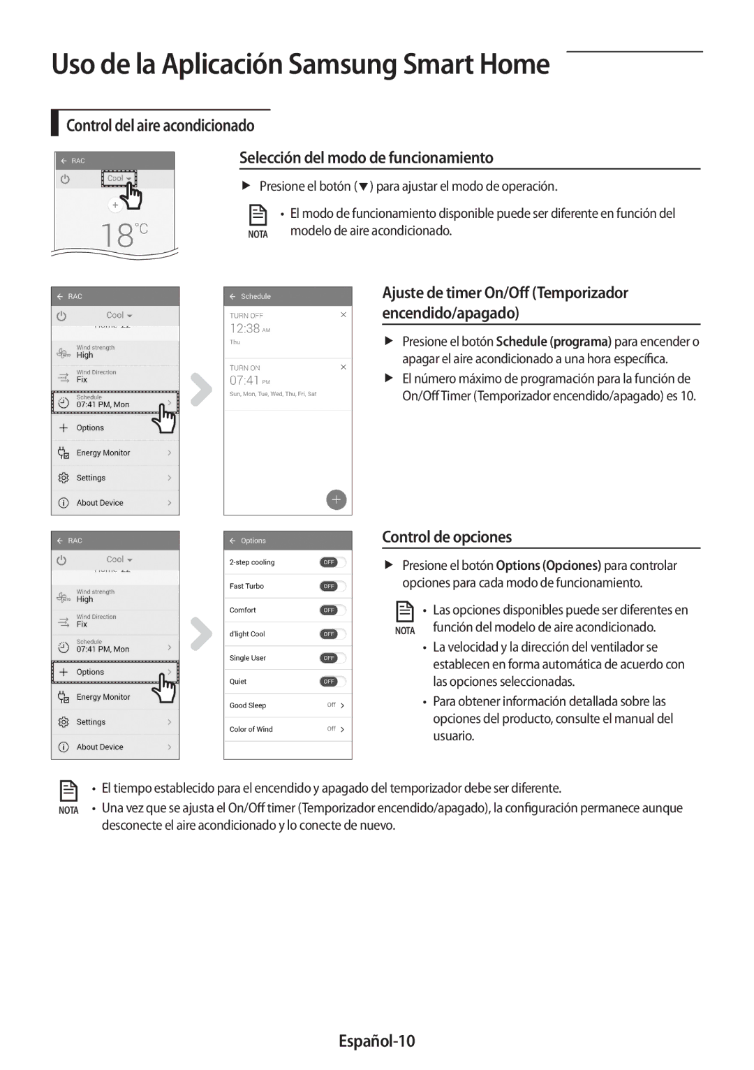 Samsung AR24MSWSAWKNEU manual Control de opciones, Español-10, FfPresione el botón  para ajustar el modo de operación 