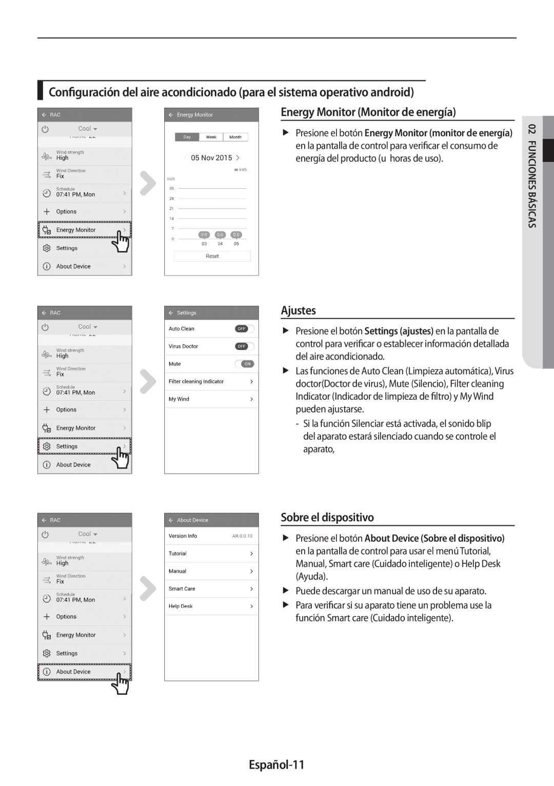 Samsung AR07MSWSAURNEU, AR24MSPDBWKNEU, AR18MSWSAWKNEU, AR18MSPDBWKNEU manual Ajustes, Sobre el dispositivo, Español-11 