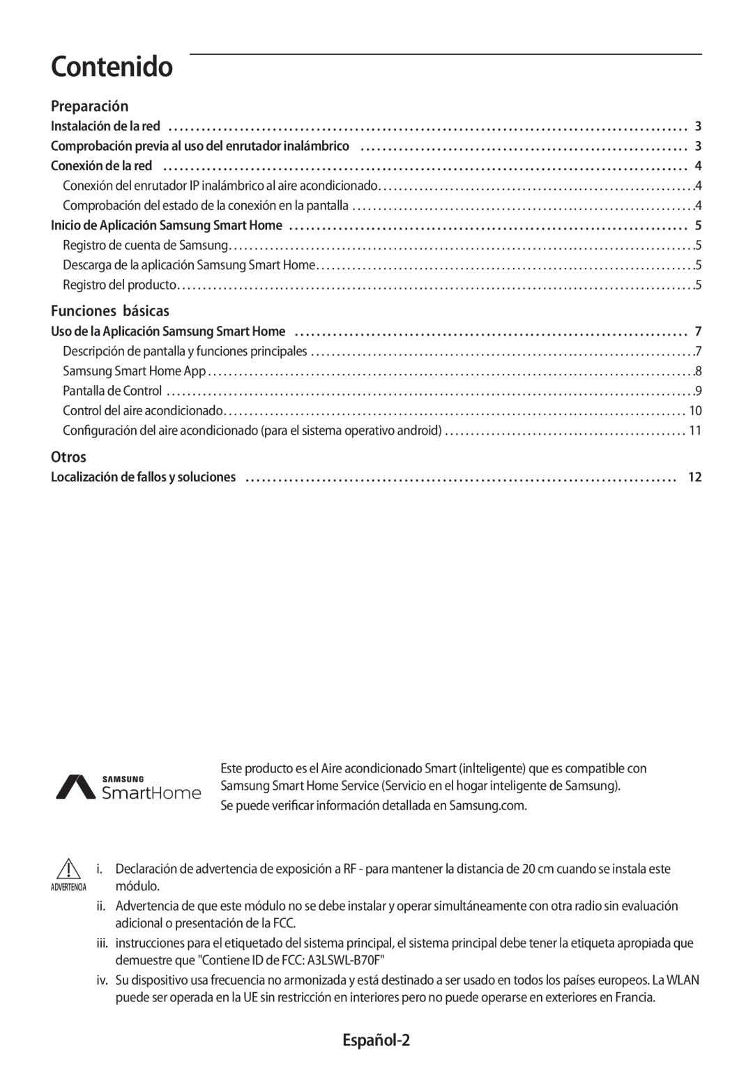 Samsung AR18MSPDBWKNEU, AR24MSPDBWKNEU, AR18MSWSAWKNEU, AR24MSWSAWKNEU, AR07MSWSAURNEU, AR09MSWSAURNEU Contenido, Español-2 