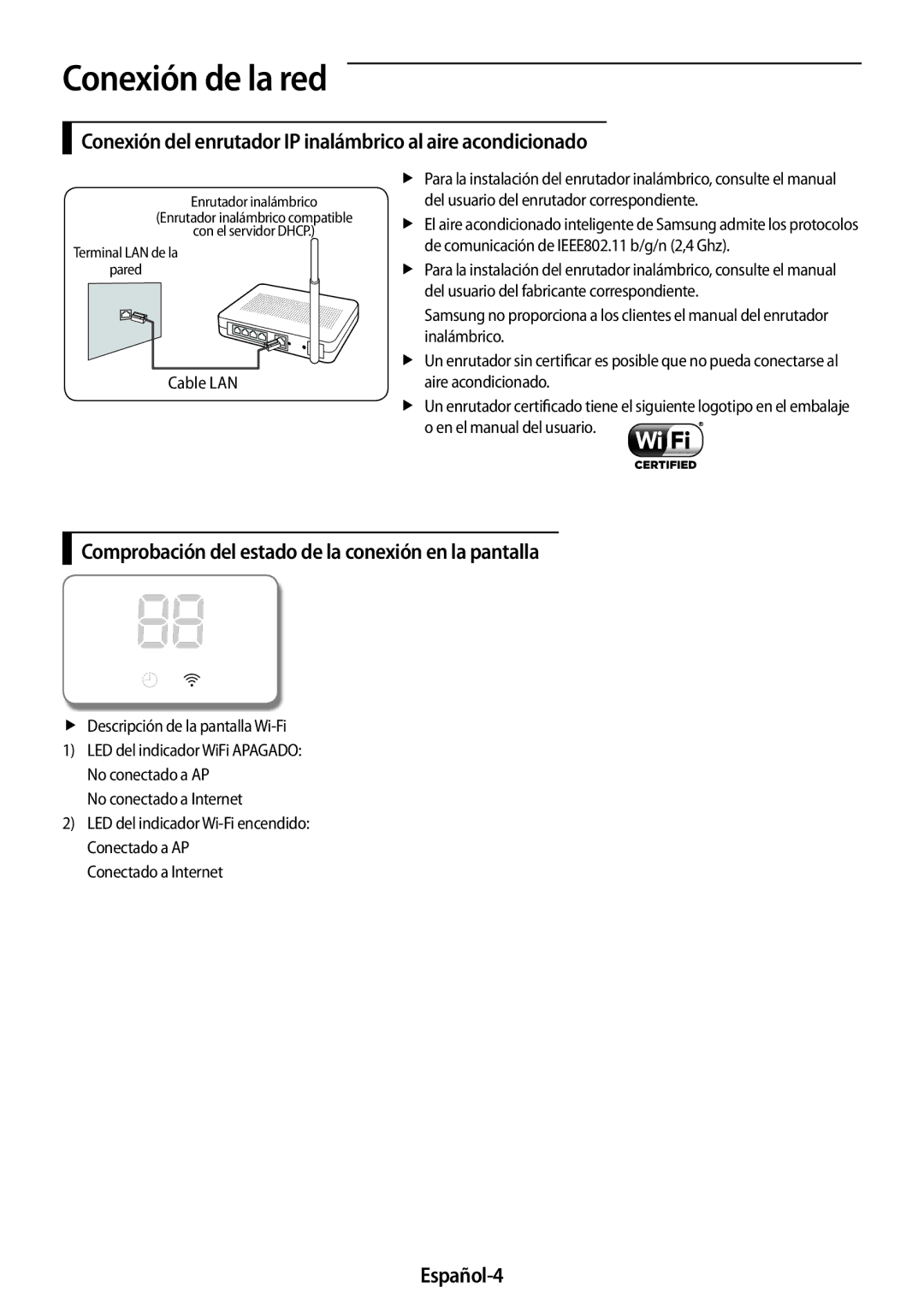 Samsung AR07MSWSAURNEU manual Conexión de la red, Conexión del enrutador IP inalámbrico al aire acondicionado, Español-4 