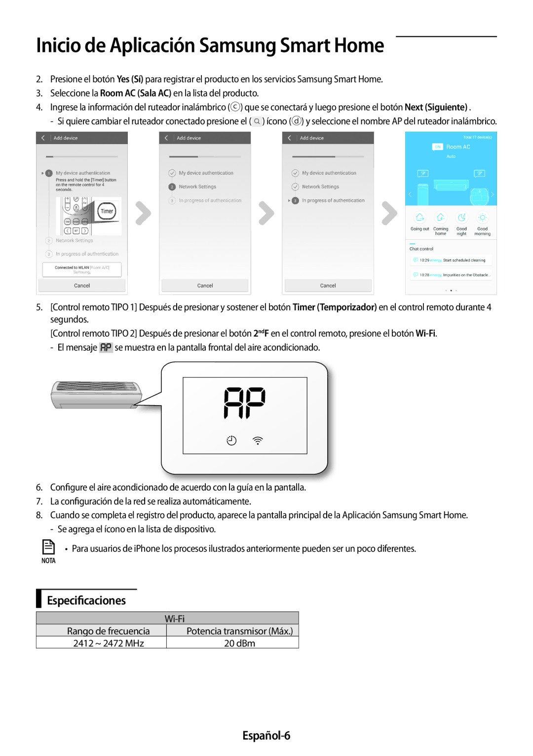 Samsung AR12MSWSAURNEU, AR24MSPDBWKNEU, AR18MSWSAWKNEU, AR18MSPDBWKNEU, AR24MSWSAWKNEU Especificaciones, Español-6, Wi-Fi 