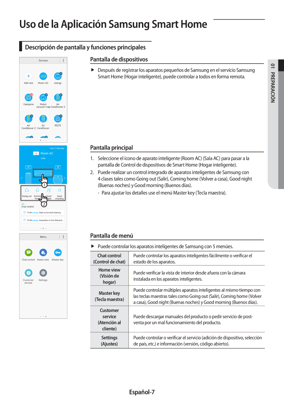 Samsung AR24MSPDBWKNEU manual Uso de la Aplicación Samsung Smart Home, Pantalla principal, Pantalla de menú, Español-7 