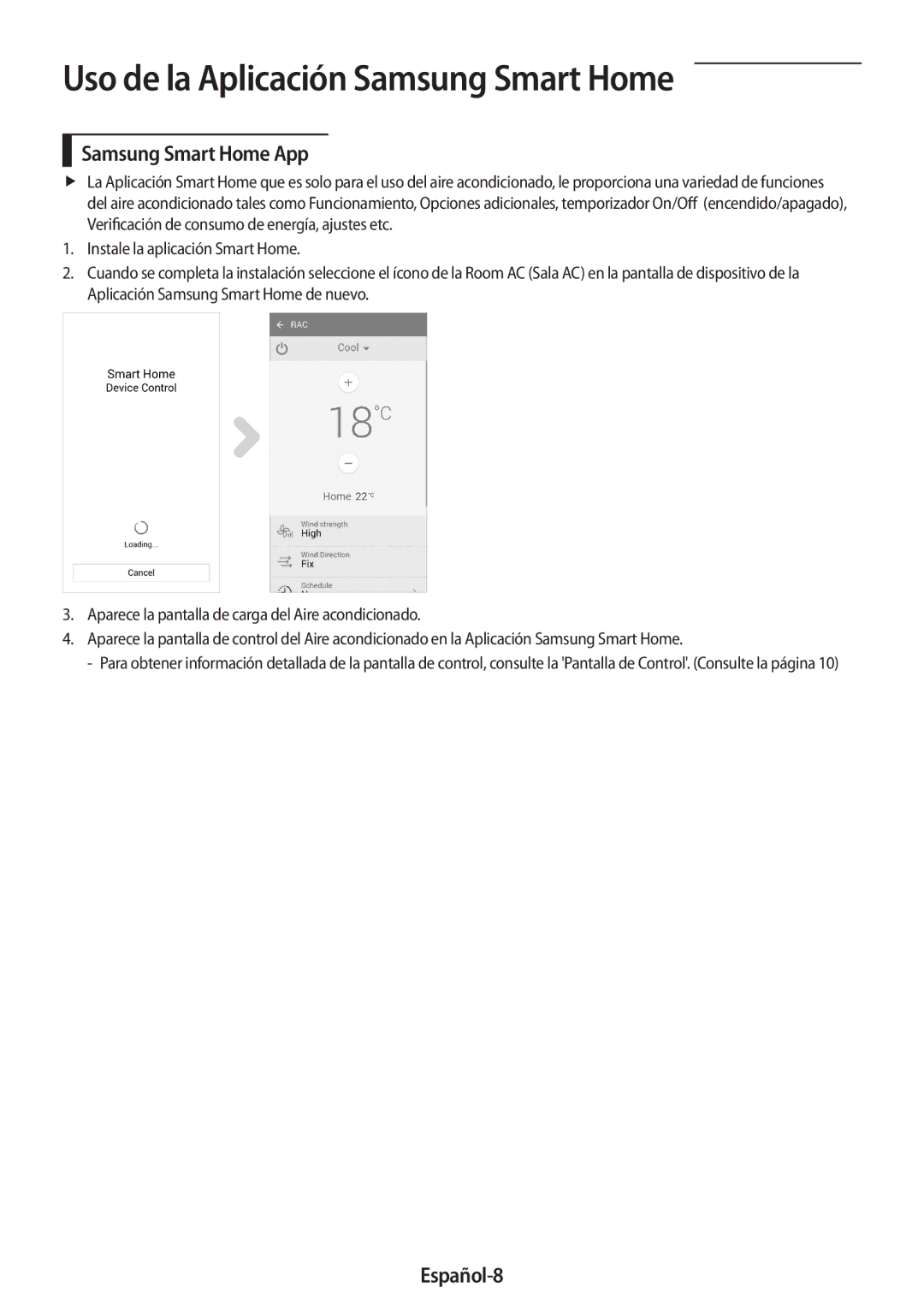 Samsung AR18MSWSAWKNEU, AR24MSPDBWKNEU, AR18MSPDBWKNEU, AR24MSWSAWKNEU, AR07MSWSAURNEU manual Samsung Smart Home App, Español-8 