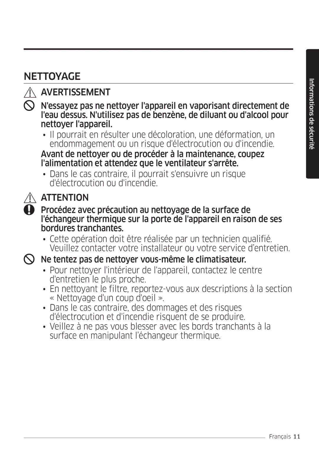 Samsung AR24MSWNAWKNEU, AR18MSWNAWKNEU, AR18MSWSAWKNEU, AR24MSWSAWKNEU manual Nettoyage 