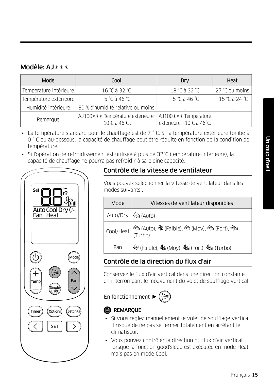 Samsung AR24MSWNAWKNEU manual Modèle AJ, Contrôle de la vitesse de ventilateur, Contrôle de la direction du flux dair 