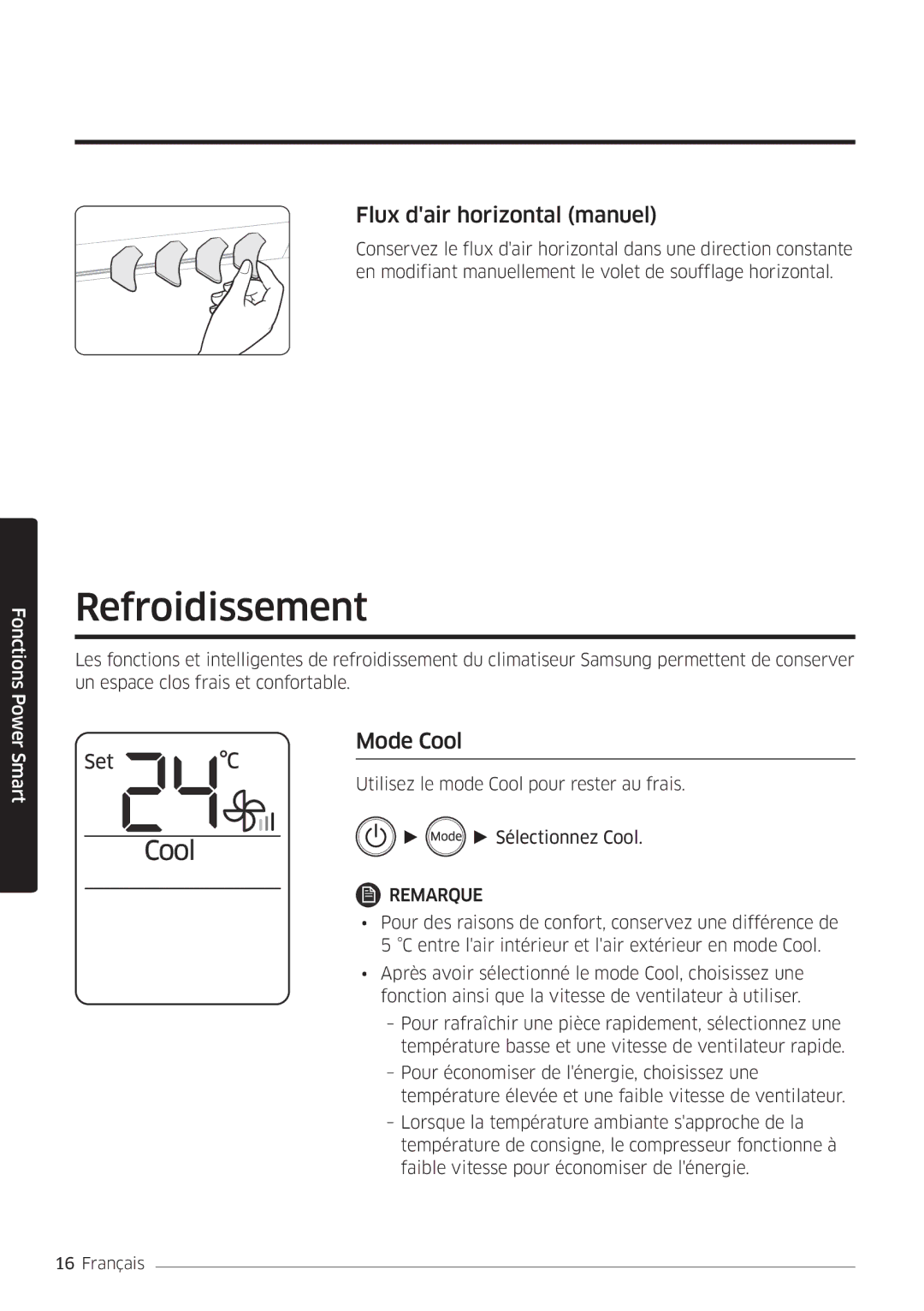 Samsung AR18MSWNAWKNEU, AR24MSWNAWKNEU, AR18MSWSAWKNEU manual Refroidissement, Flux dair horizontal manuel, Mode Cool 