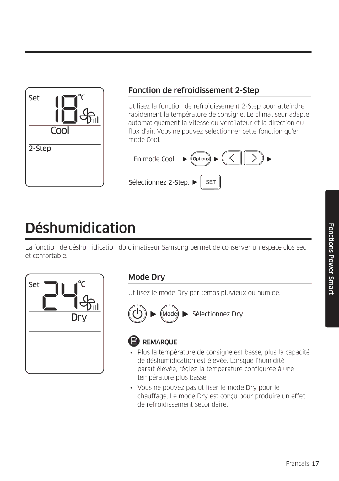 Samsung AR18MSWSAWKNEU, AR24MSWNAWKNEU, AR18MSWNAWKNEU manual Déshumidication, Fonction de refroidissement 2-Step, Mode Dry 