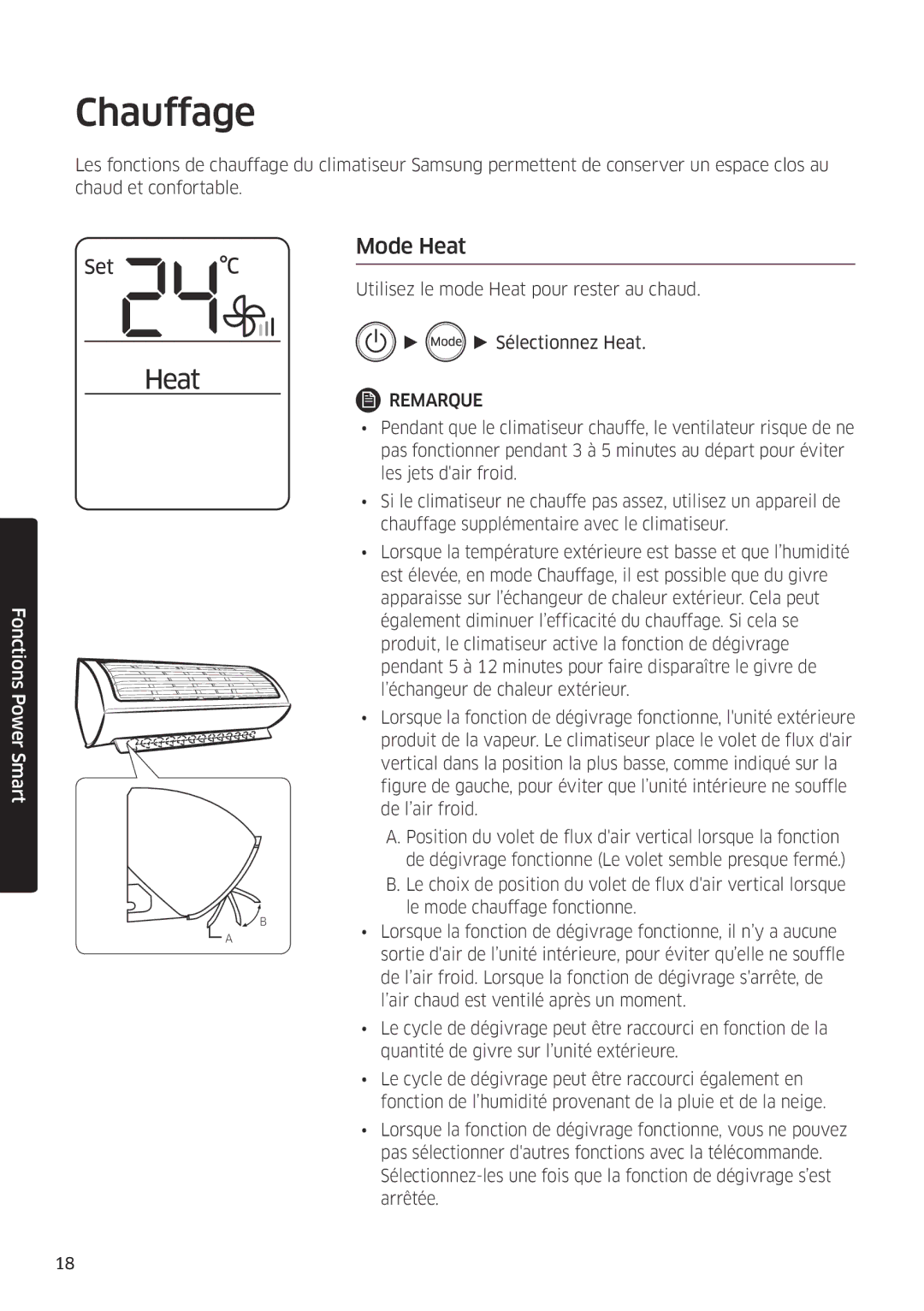 Samsung AR24MSWSAWKNEU, AR24MSWNAWKNEU, AR18MSWNAWKNEU, AR18MSWSAWKNEU manual Chauffage, Mode Heat 