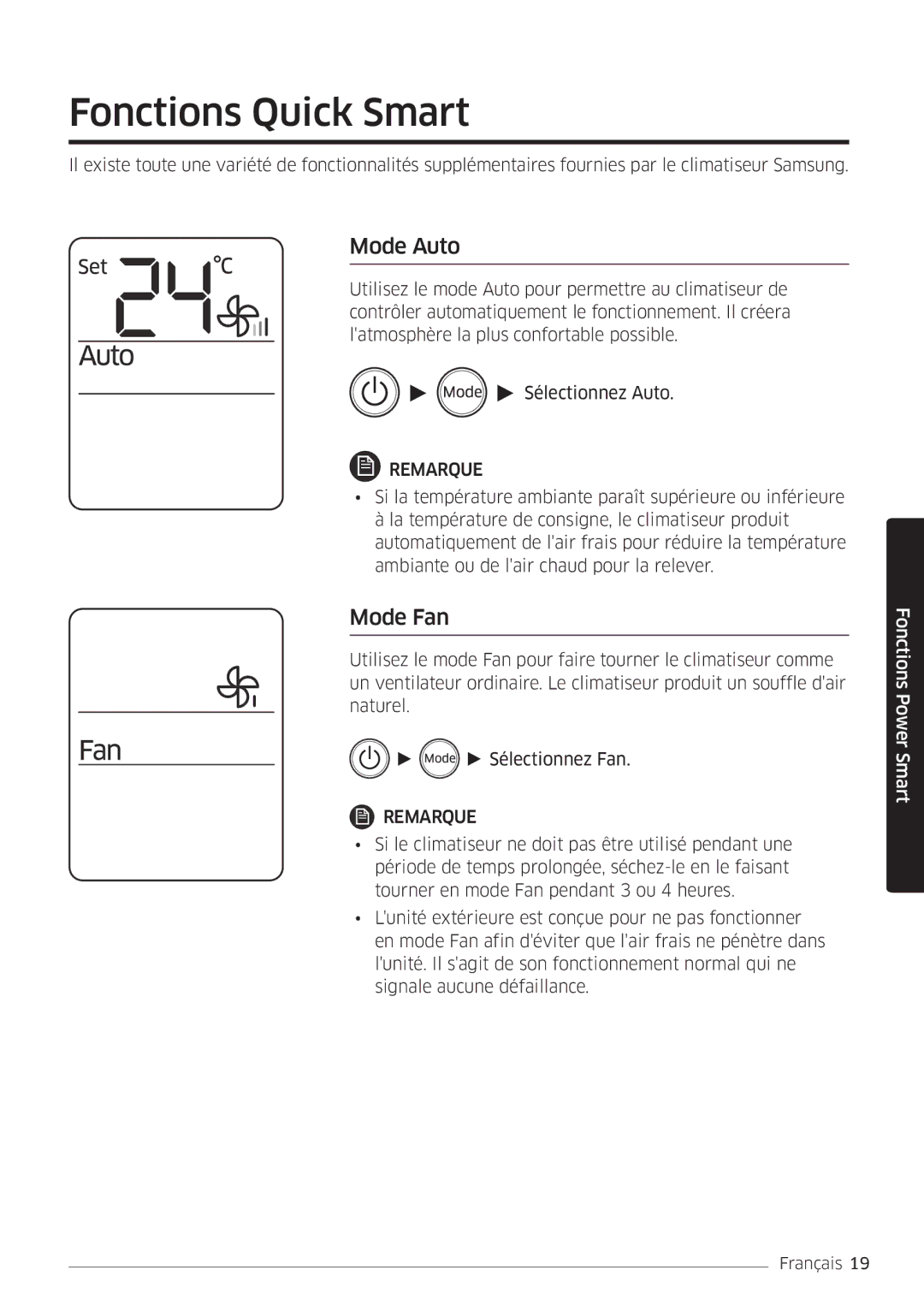 Samsung AR24MSWNAWKNEU, AR18MSWNAWKNEU, AR18MSWSAWKNEU, AR24MSWSAWKNEU manual Fonctions Quick Smart, Mode Auto, Mode Fan 