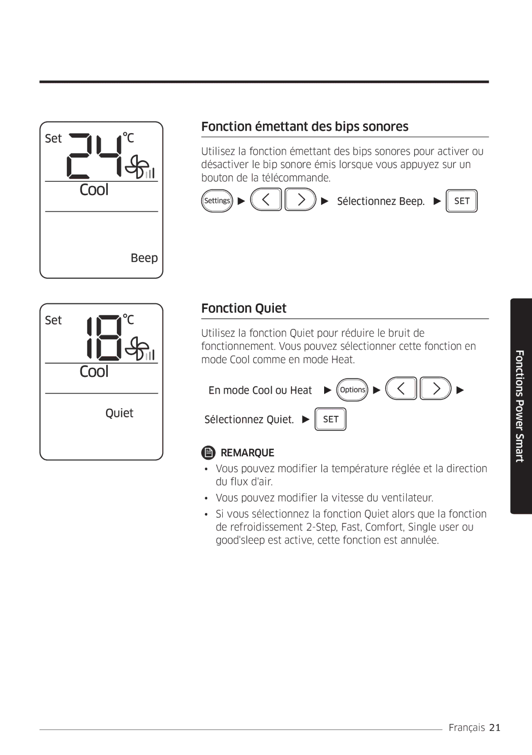 Samsung AR18MSWSAWKNEU, AR24MSWNAWKNEU, AR18MSWNAWKNEU, AR24MSWSAWKNEU Fonction émettant des bips sonores, Fonction Quiet 