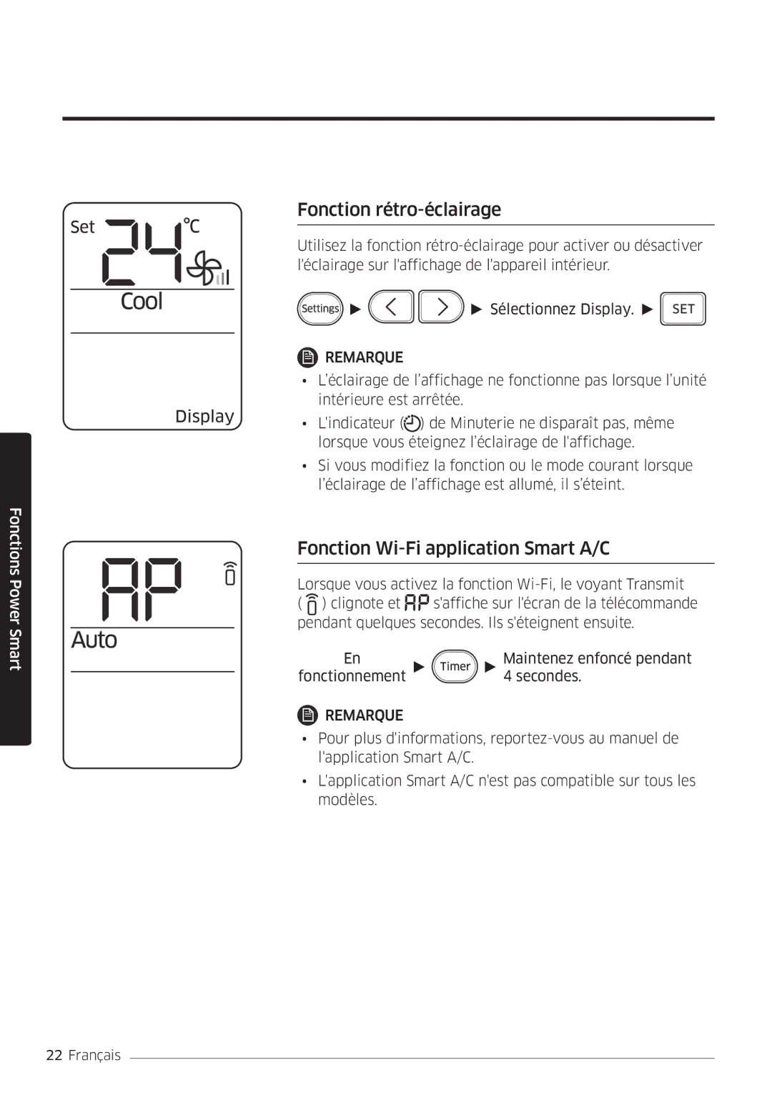 Samsung AR24MSWSAWKNEU, AR24MSWNAWKNEU, AR18MSWNAWKNEU manual Fonction rétro-éclairage, Fonction Wi-Fi application Smart A/C 