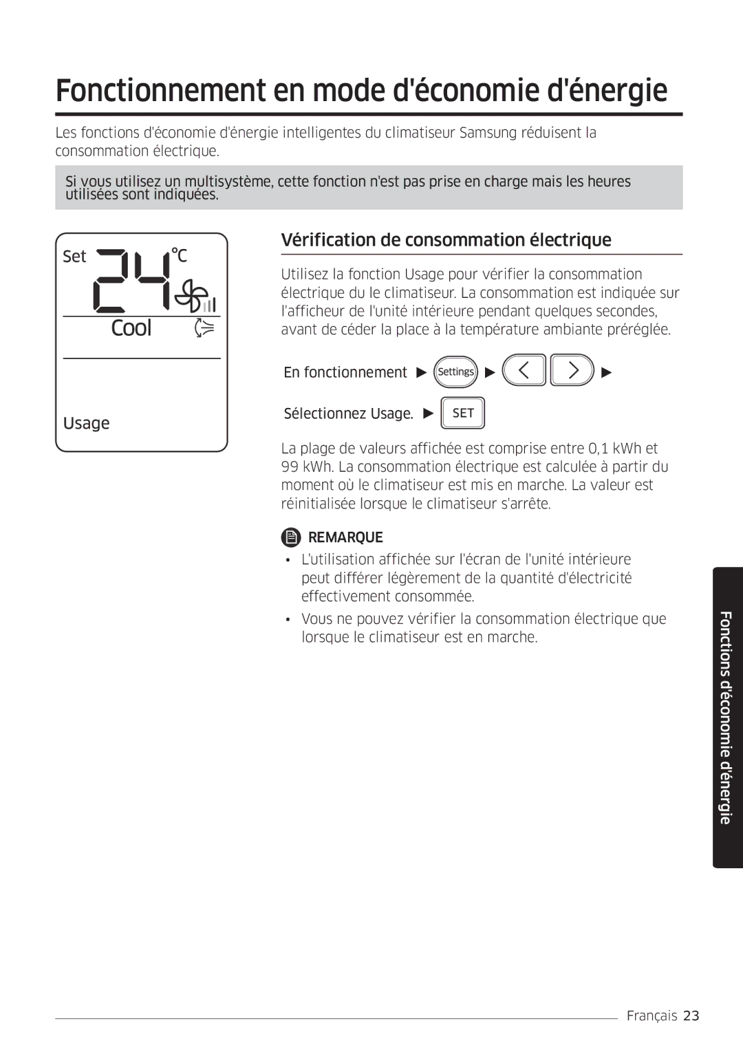 Samsung AR24MSWNAWKNEU, AR18MSWNAWKNEU Fonctionnement en mode déconomie dénergie, Vérification de consommation électrique 