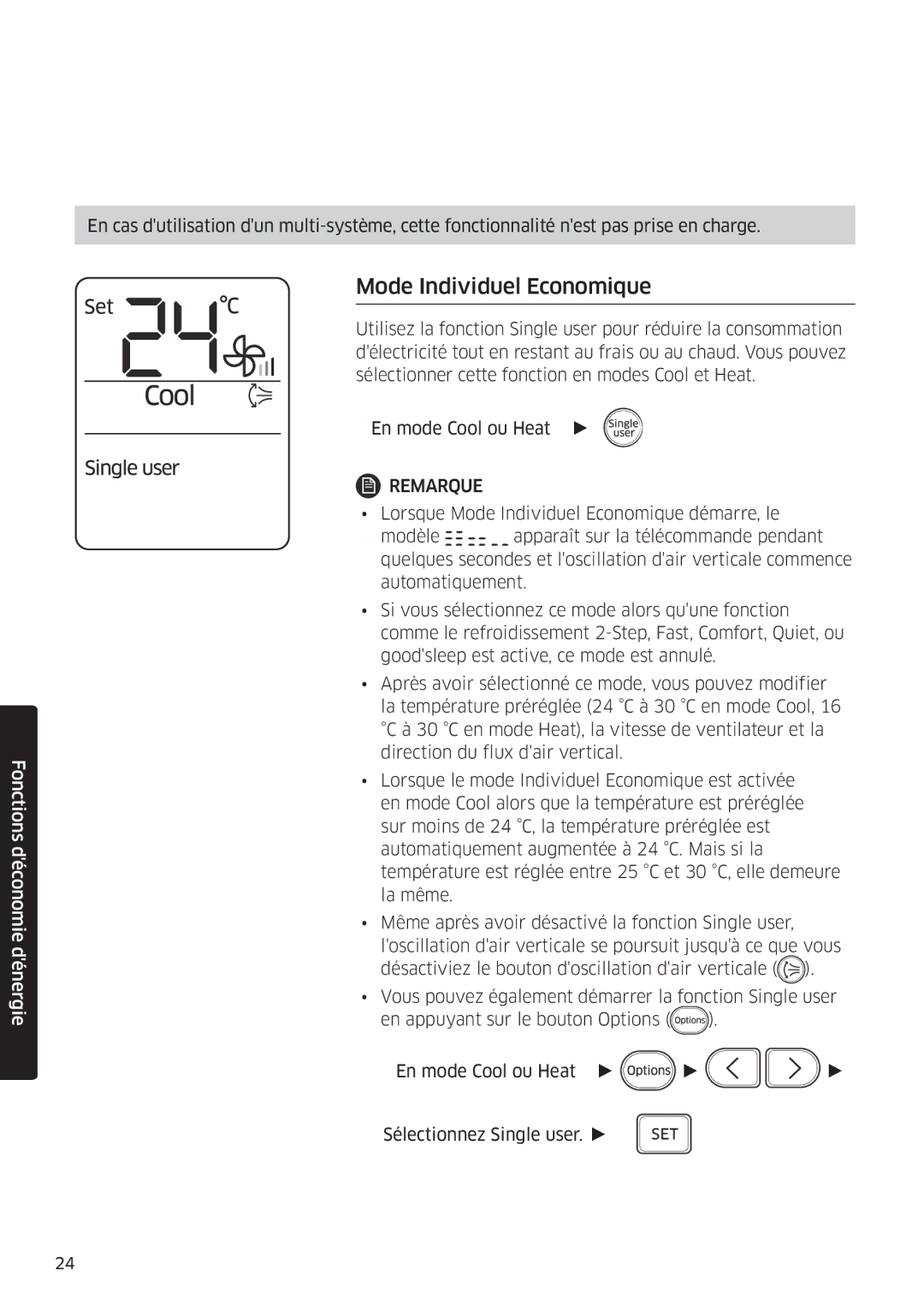 Samsung AR18MSWNAWKNEU, AR24MSWNAWKNEU, AR18MSWSAWKNEU, AR24MSWSAWKNEU manual Mode Individuel Economique 