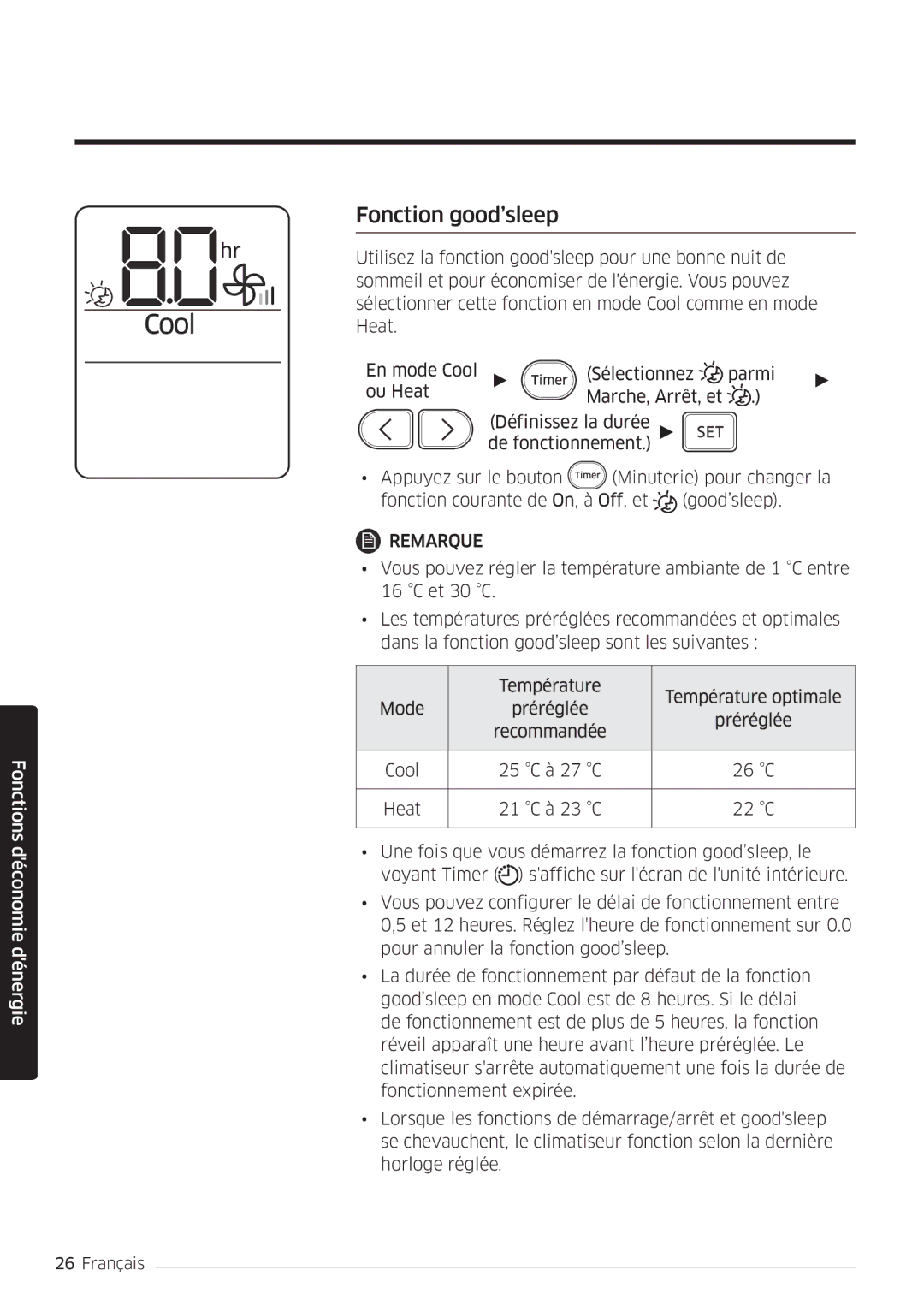 Samsung AR24MSWSAWKNEU, AR24MSWNAWKNEU, AR18MSWNAWKNEU, AR18MSWSAWKNEU manual Fonction good’sleep, 22 C 