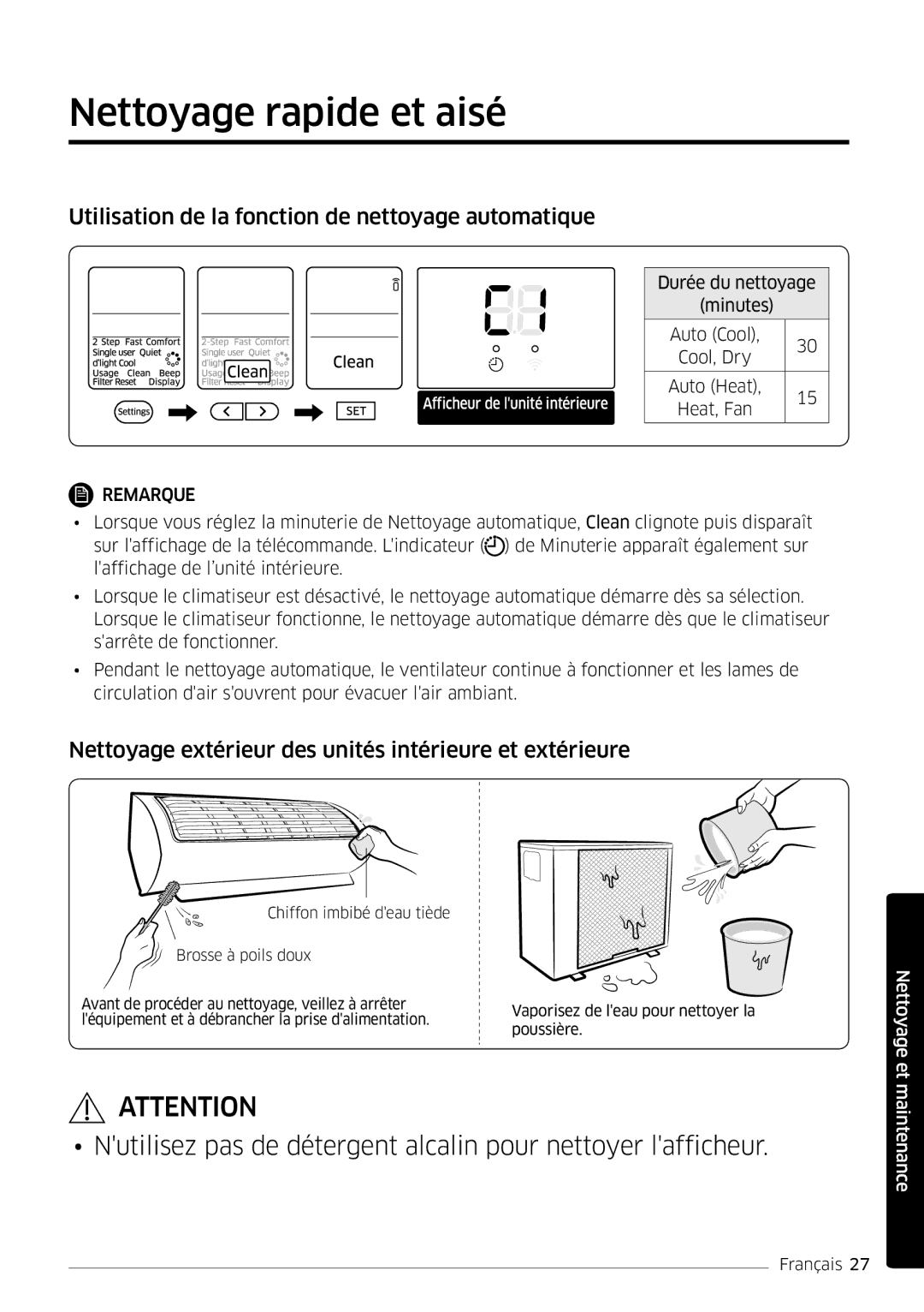 Samsung AR24MSWNAWKNEU, AR18MSWNAWKNEU manual Nettoyage rapide et aisé, Utilisation de la fonction de nettoyage automatique 