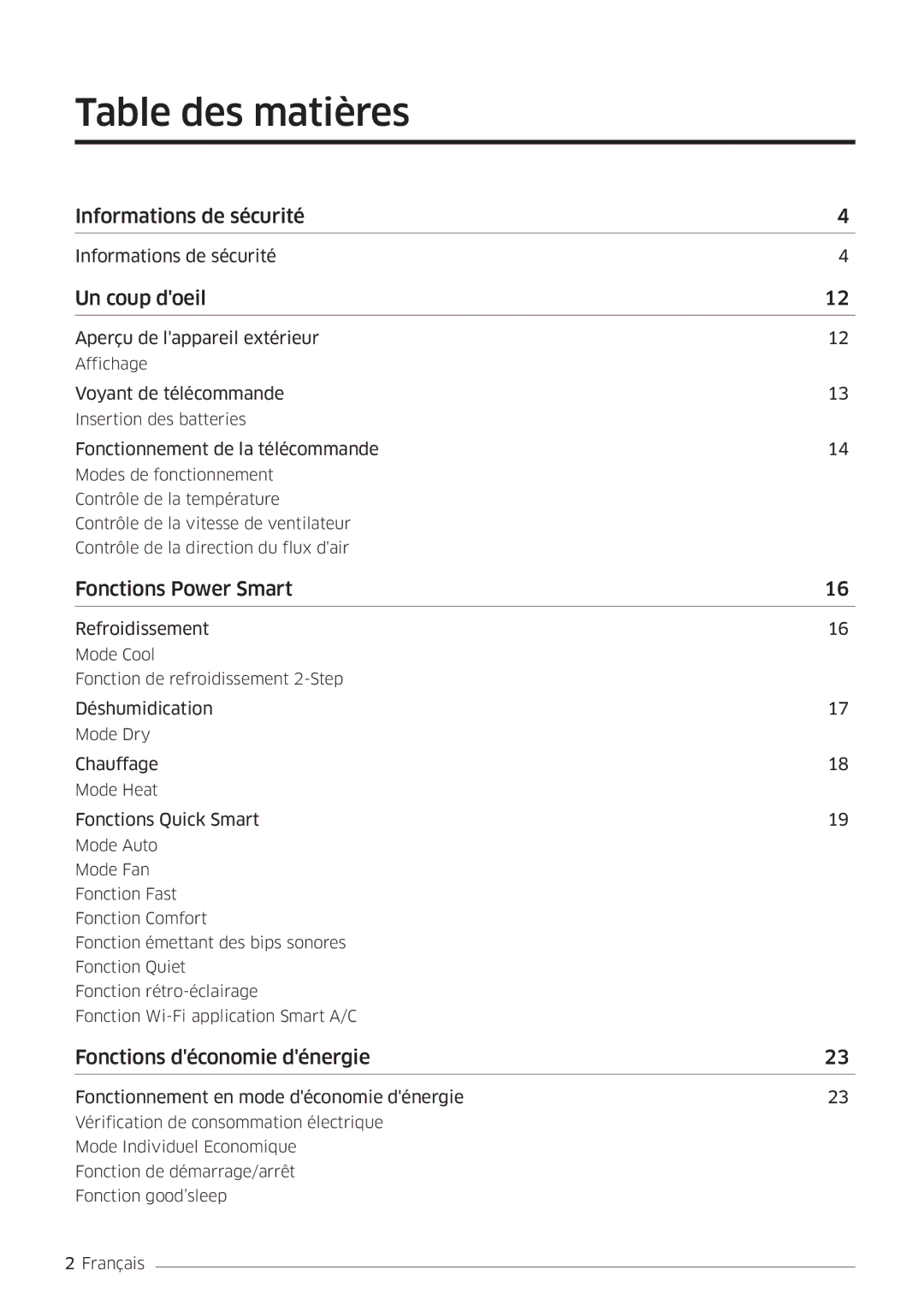 Samsung AR24MSWSAWKNEU, AR24MSWNAWKNEU, AR18MSWNAWKNEU, AR18MSWSAWKNEU manual Table des matières, Un coup doeil 