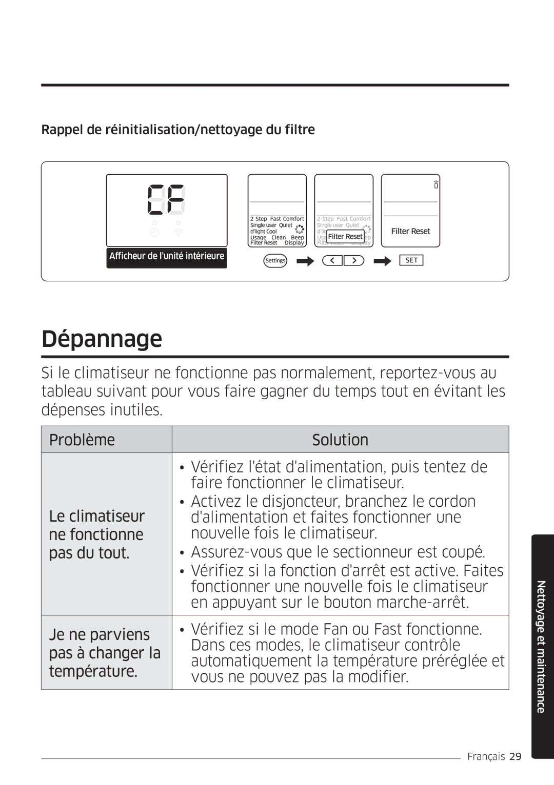 Samsung AR18MSWSAWKNEU, AR24MSWNAWKNEU, AR18MSWNAWKNEU manual Dépannage, Rappel de réinitialisation/nettoyage du filtre 