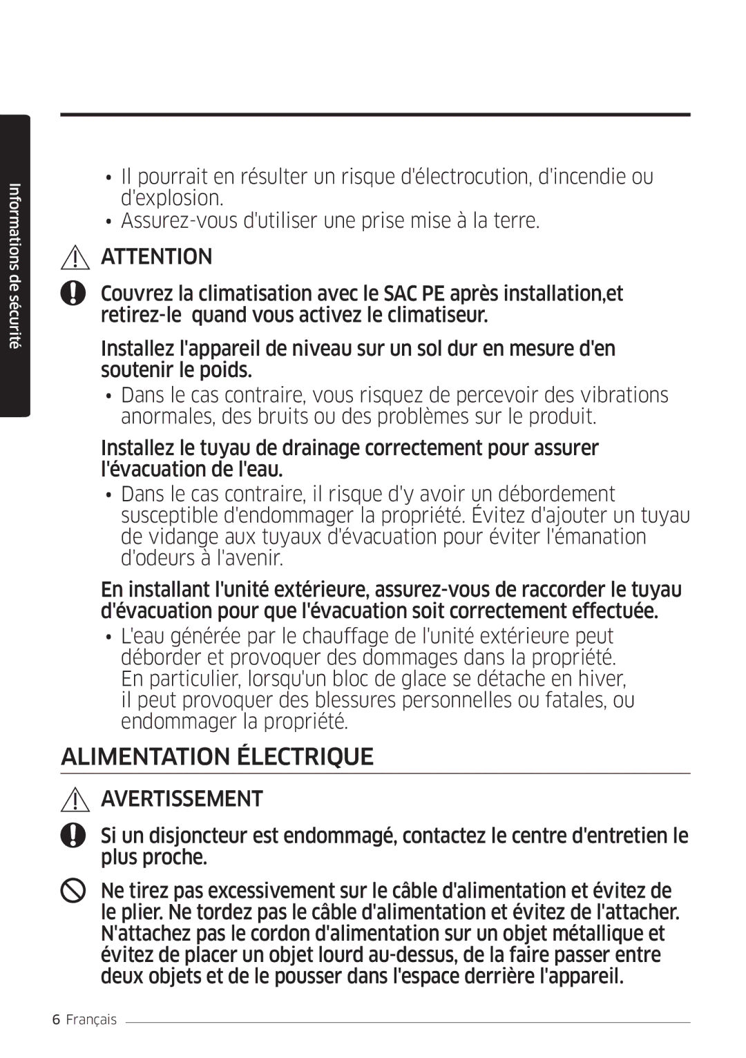 Samsung AR24MSWSAWKNEU, AR24MSWNAWKNEU, AR18MSWNAWKNEU, AR18MSWSAWKNEU manual Alimentation Électrique 