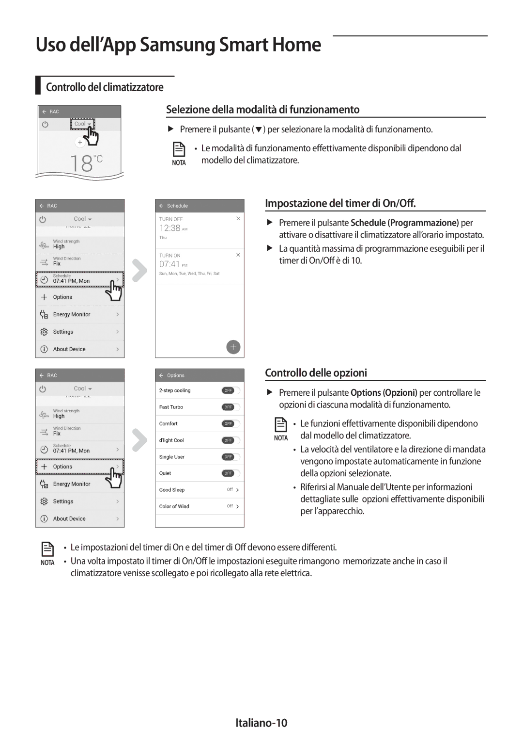 Samsung AR24MSWSAWKNEU Impostazione del timer di On/Off, Controllo delle opzioni, Italiano-10, Modello del climatizzatore 