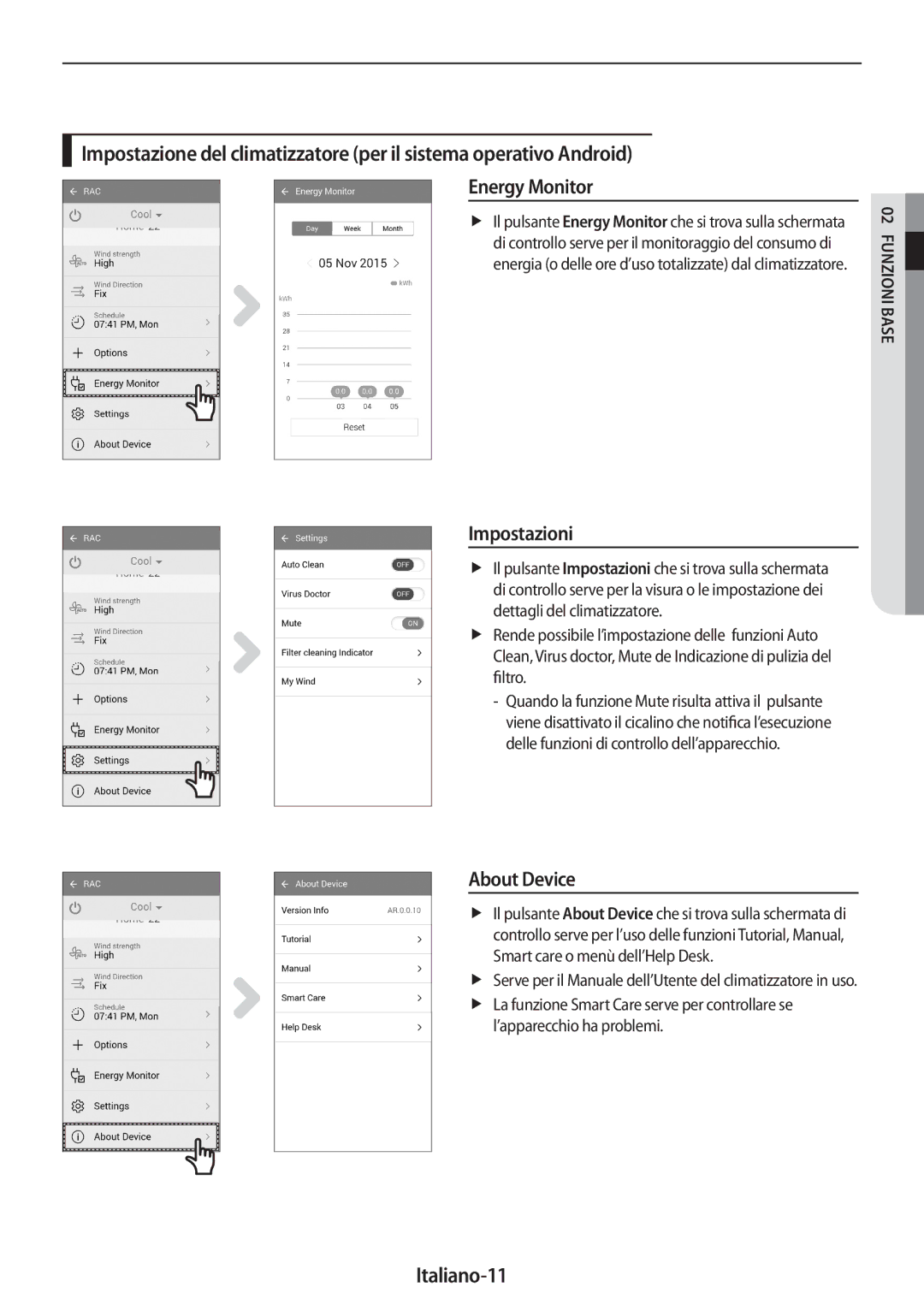 Samsung AR07MSWSAURNEU, AR24MSWNAWKNEU, AR18MSWNAWKNEU, AR18MSWSAWKNEU manual Impostazioni, About Device, Italiano-11 