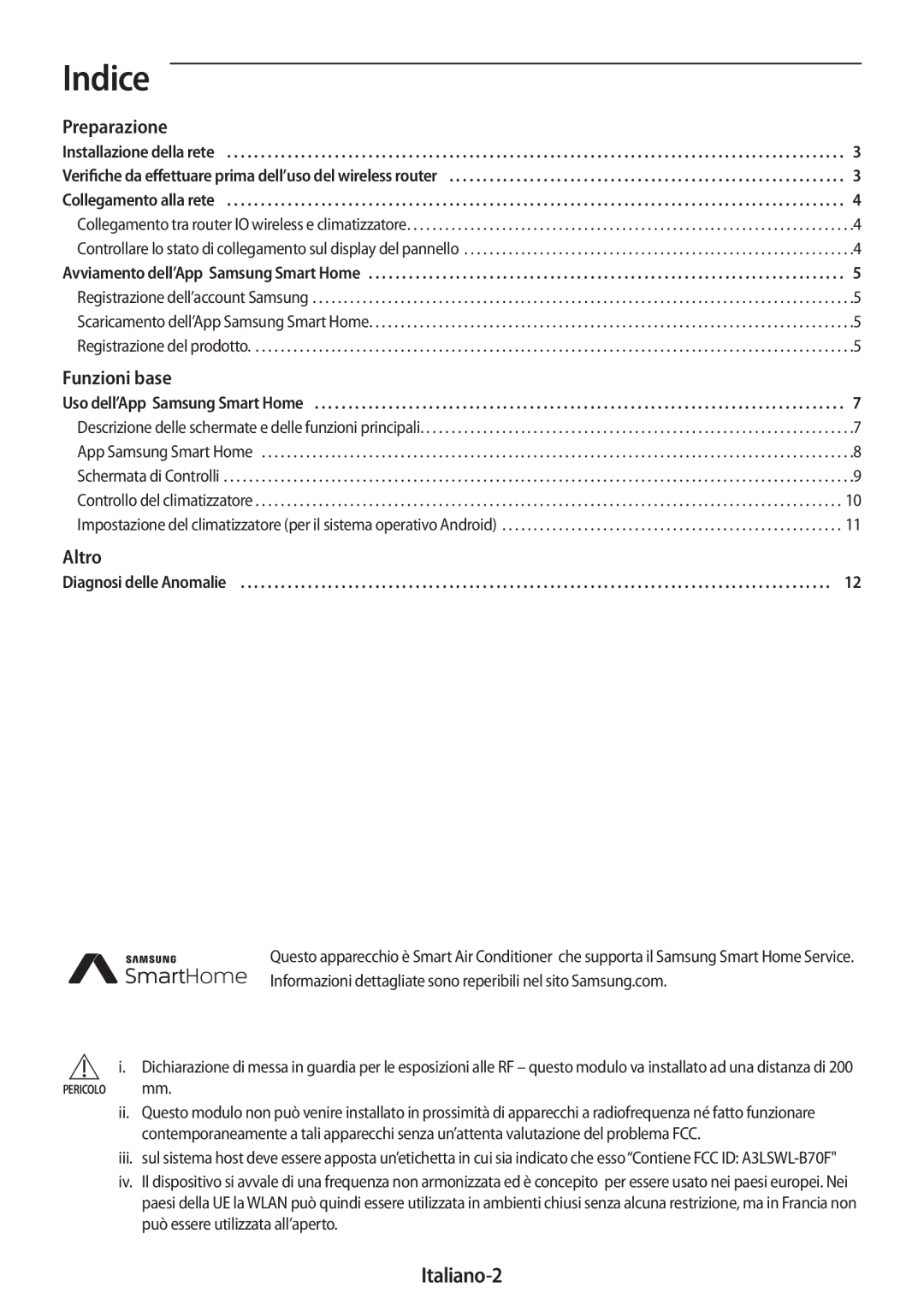 Samsung AR18MSWSAWKNEU, AR24MSWNAWKNEU, AR18MSWNAWKNEU, AR24MSWSAWKNEU, AR07MSWSAURNEU, AR09MSWSAURNEU manual Indice, Italiano-2 