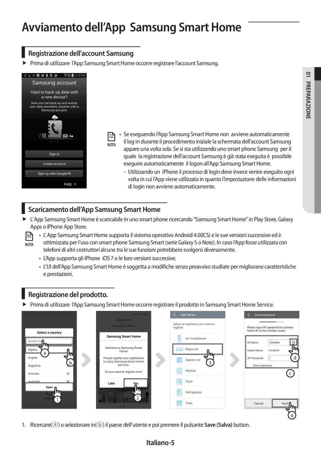 Samsung AR09MSWSAURNEU manual Avviamento dell’App Samsung Smart Home, Registrazione dell’account Samsung, Italiano-5 