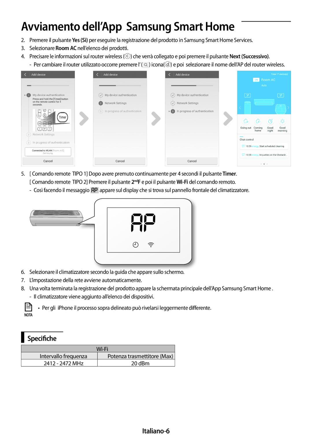 Samsung AR12MSWSAURNEU, AR24MSWNAWKNEU manual Specifiche, Italiano-6, Selezionare Room AC nell’elenco dei prodotti, Wi-Fi 