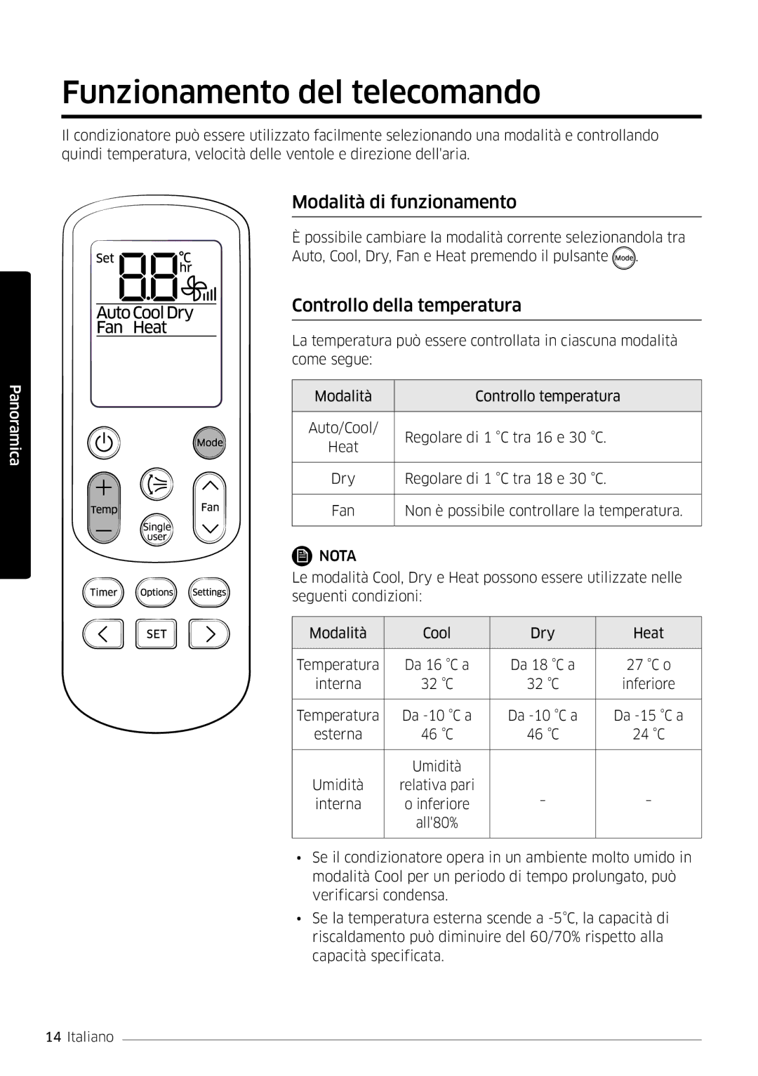 Samsung AR18MSWNAWKNEU manual Funzionamento del telecomando, Modalità di funzionamento, Controllo della temperatura 