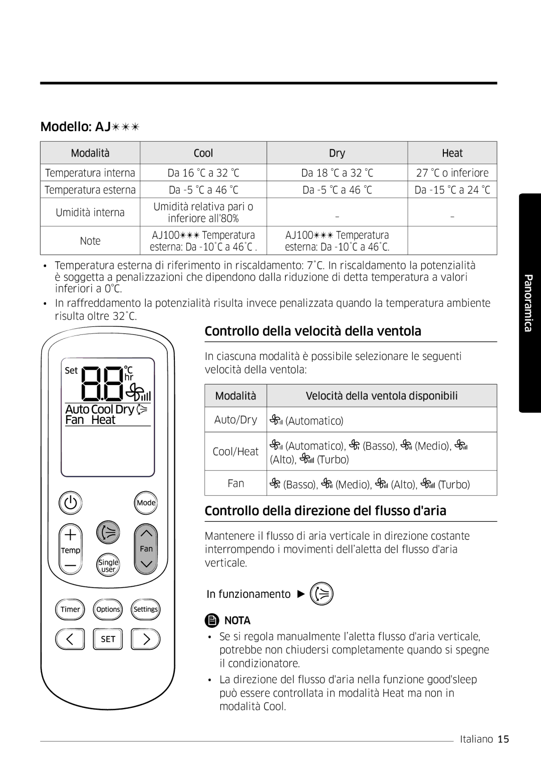 Samsung AR18MSWSAWKNEU Modello AJ, Controllo della velocità della ventola, Controllo della direzione del flusso daria 