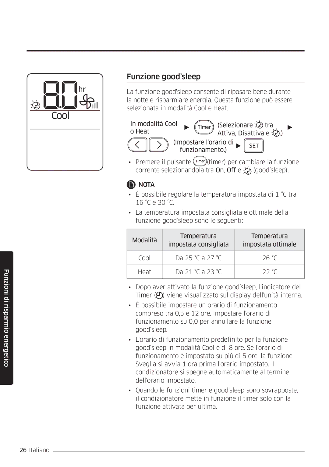 Samsung AR12MSWSAURNEU, AR24MSWNAWKNEU, AR18MSWNAWKNEU, AR18MSWSAWKNEU, AR24MSWSAWKNEU, AR07MSWSAURNEU Funzione good’sleep 