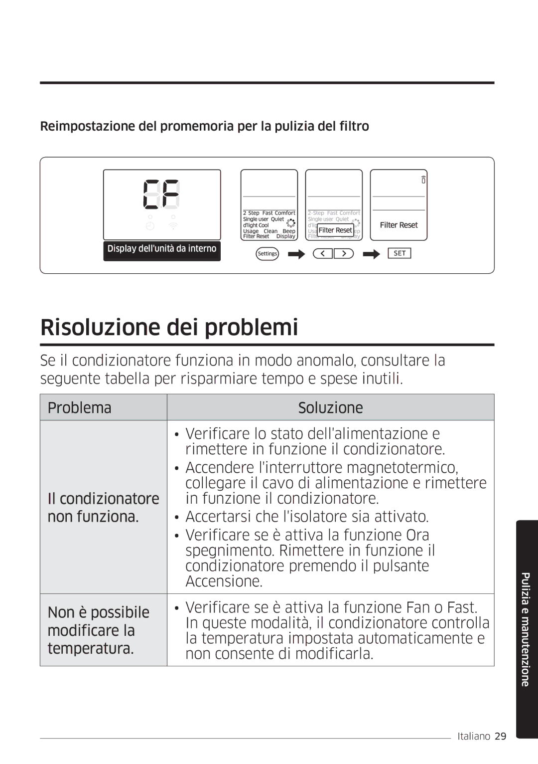 Samsung AR18MSWSAWKNEU, AR24MSWNAWKNEU Risoluzione dei problemi, Reimpostazione del promemoria per la pulizia del filtro 