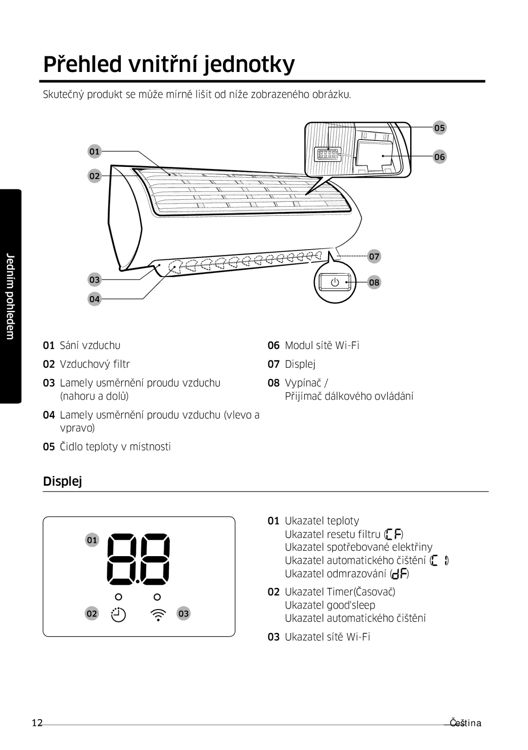 Samsung AR12MSWSAURNEU, AR24MSWNAWKNEU, AR18MSWNAWKNEU, AR18MSWSAWKNEU, AR24MSWSAWKNEU manual Přehled vnitřní jednotky, Displej 