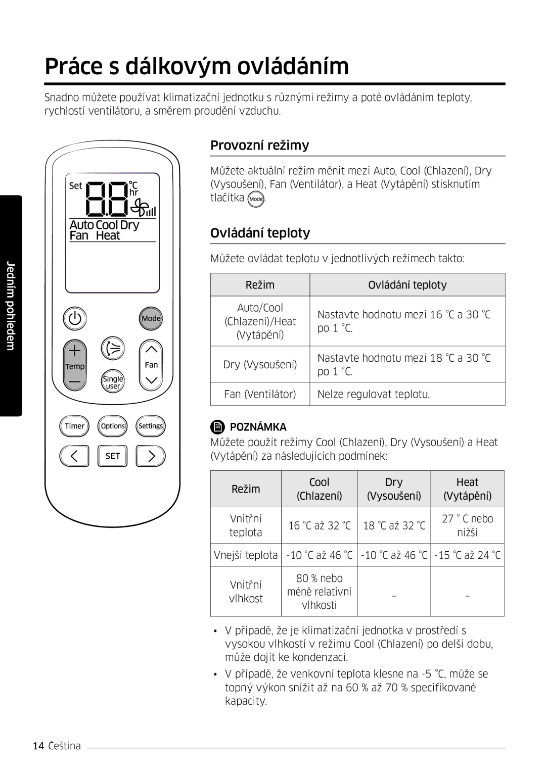 Samsung AR18MSWNAWKNEU, AR24MSWNAWKNEU, AR18MSWSAWKNEU manual Práce s dálkovým ovládáním, Provozní režimy, Ovládání teploty 