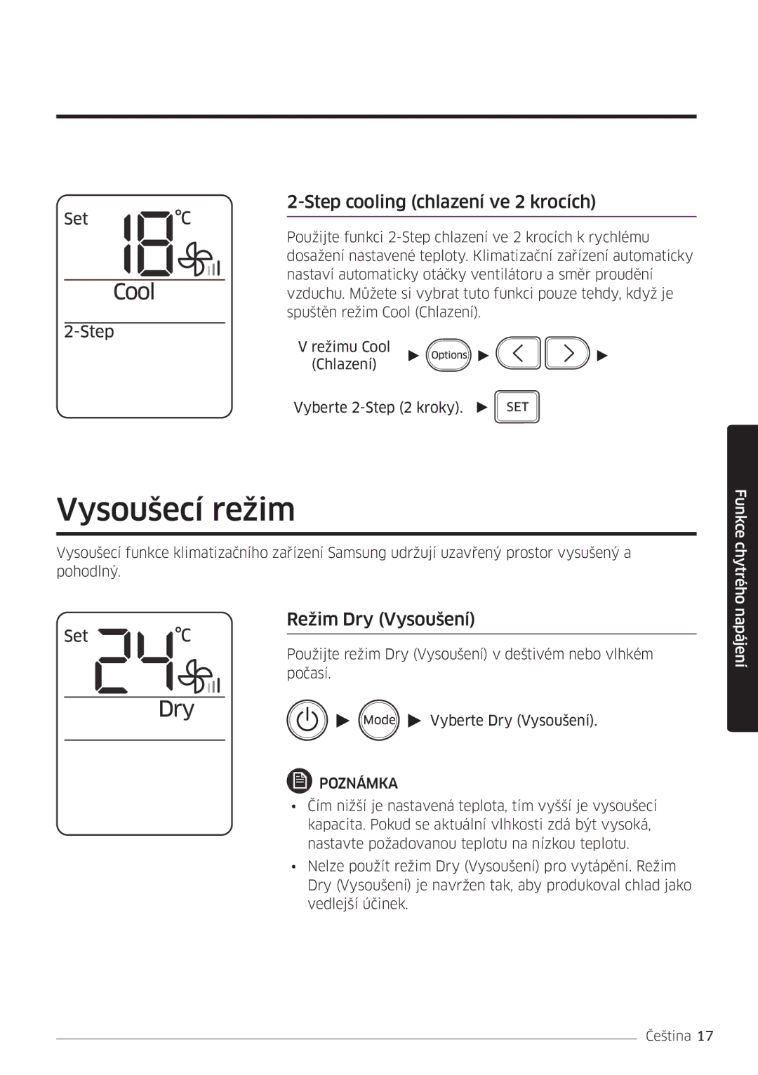 Samsung AR07MSWSAURNEU, AR24MSWNAWKNEU manual Vysoušecí režim, Step cooling chlazení ve 2 krocích, Režim Dry Vysoušení 