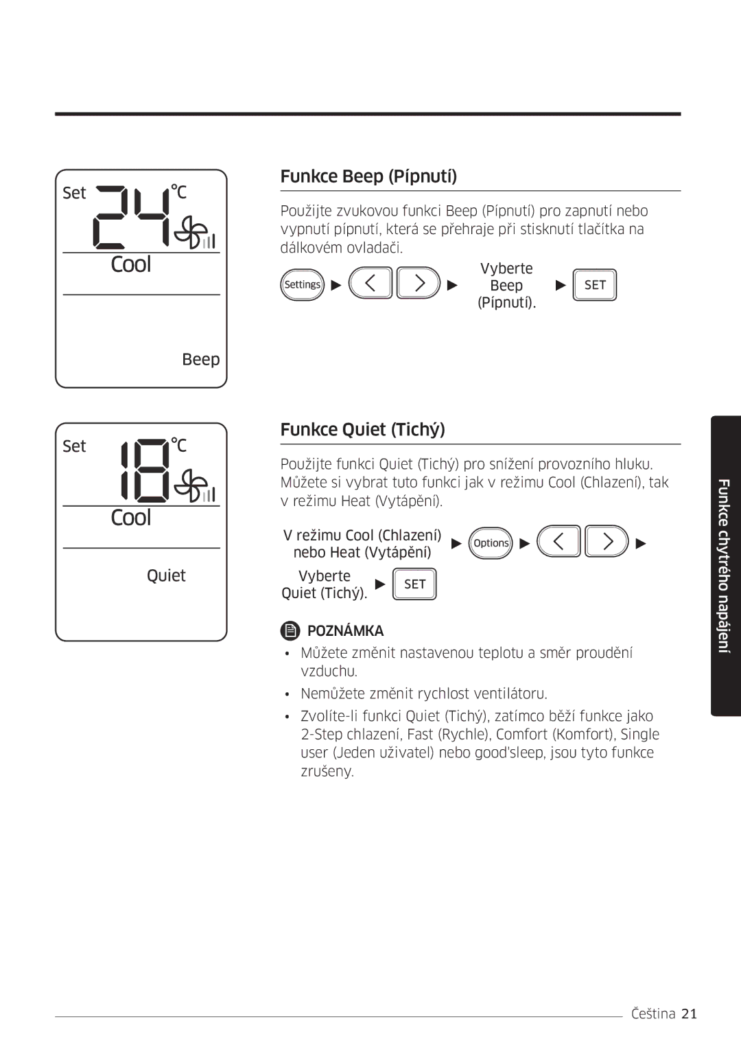 Samsung AR18MSWNAWKNEU, AR24MSWNAWKNEU, AR18MSWSAWKNEU, AR24MSWSAWKNEU manual Funkce Beep Pípnutí, Funkce Quiet Tichý 