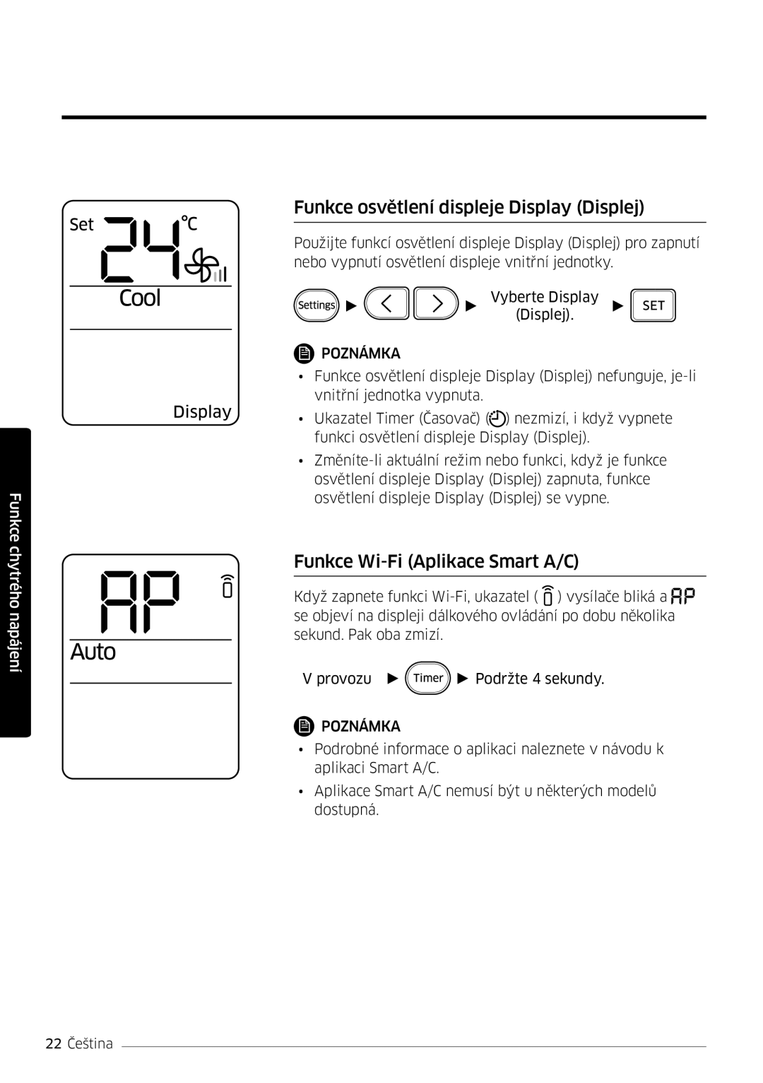 Samsung AR18MSWSAWKNEU, AR24MSWNAWKNEU manual Funkce osvětlení displeje Display Displej, Funkce Wi-Fi Aplikace Smart A/C 