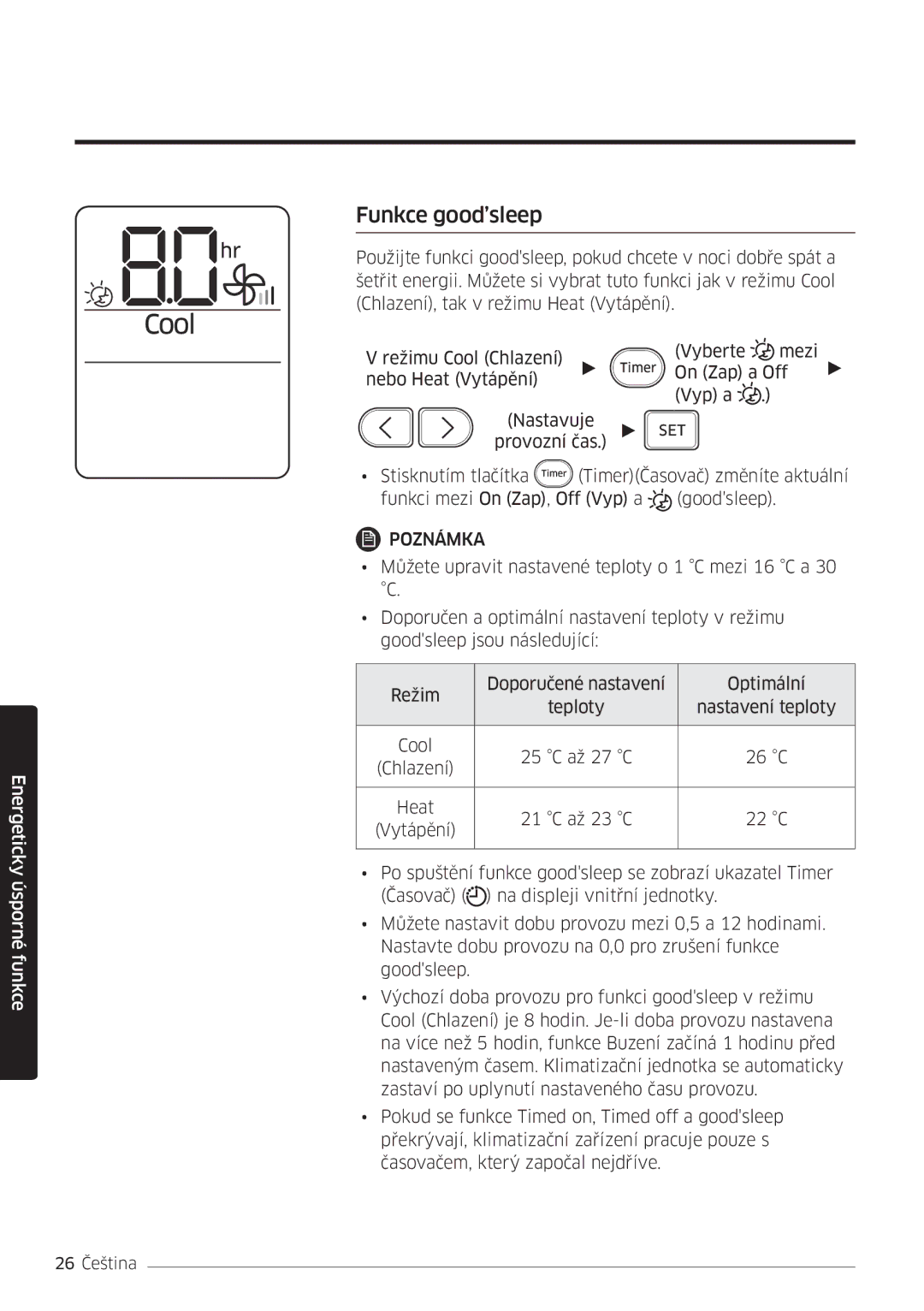 Samsung AR12MSWSAURNEU, AR24MSWNAWKNEU, AR18MSWNAWKNEU, AR18MSWSAWKNEU, AR24MSWSAWKNEU, AR07MSWSAURNEU manual Funkce good’sleep 