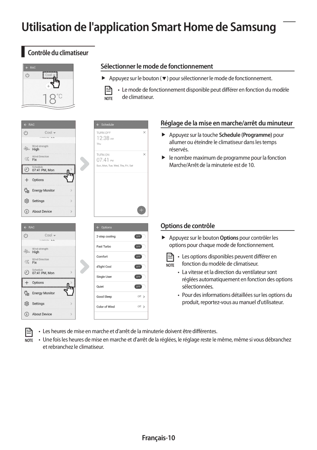 Samsung AR18MSPDBWKNEU Réglage de la mise en marche/arrêt du minuteur, Options de contrôle, Français-10, De climatiseur 