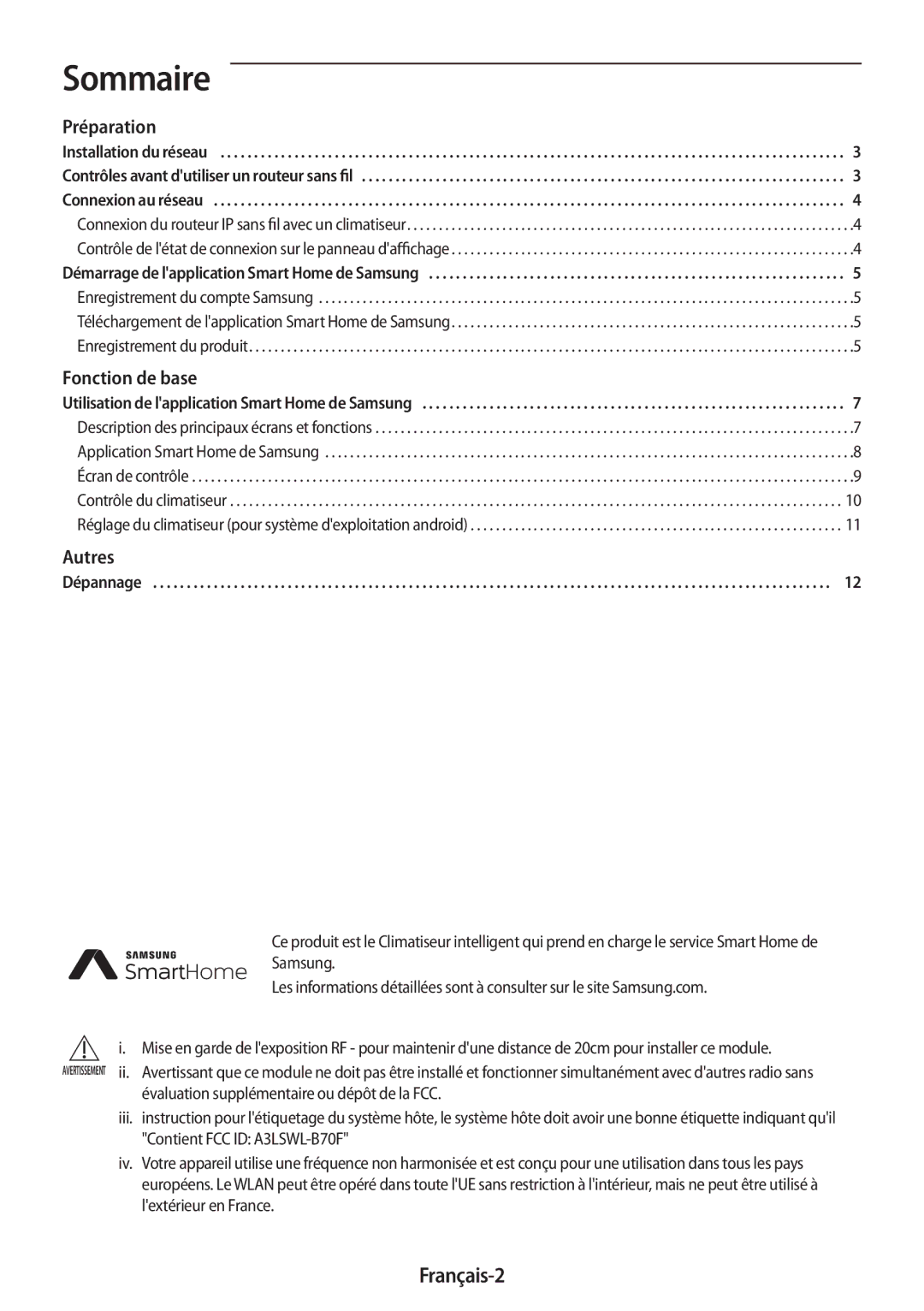 Samsung AR18MSWNAWKNEU, AR24MSWNAWKNEU, AR24MSPDBWKNEU manual Sommaire, Français-2, Application Smart Home de Samsung 