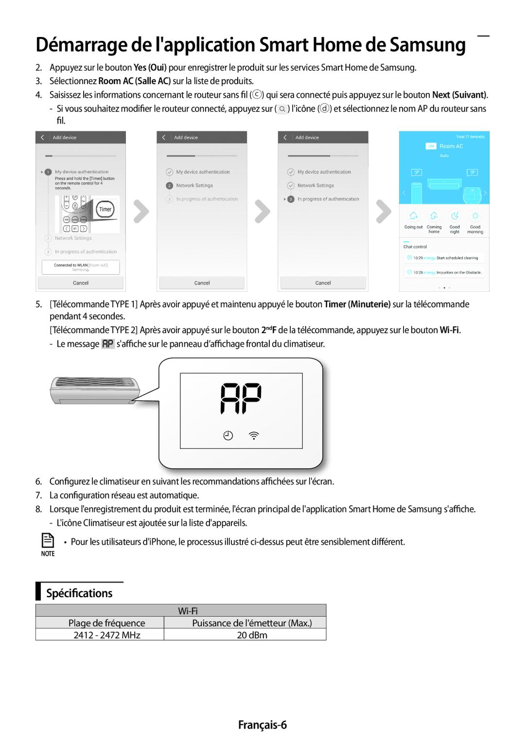 Samsung AR24MSWNAWKNEU, AR24MSPDBWKNEU, AR18MSWNAWKNEU, AR18MSWSAWKNEU, AR18MSPDBWKNEU manual Spécifications, Français-6, Wi-Fi 