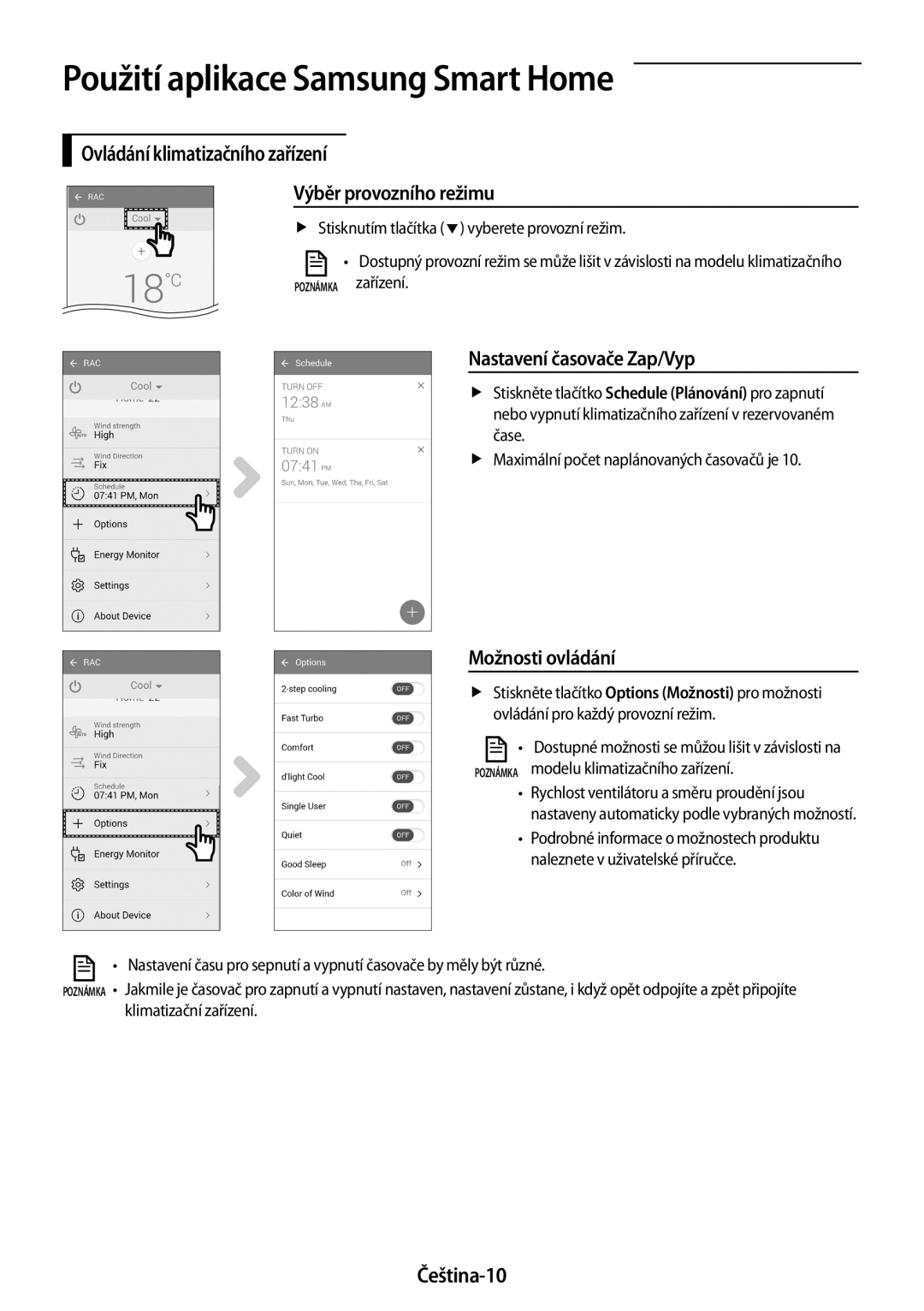 Samsung AR24MSPDBWKNEU Ovládání klimatizačního zařízení Výběr provozního režimu, Nastavení časovače Zap/Vyp, Čeština-10 
